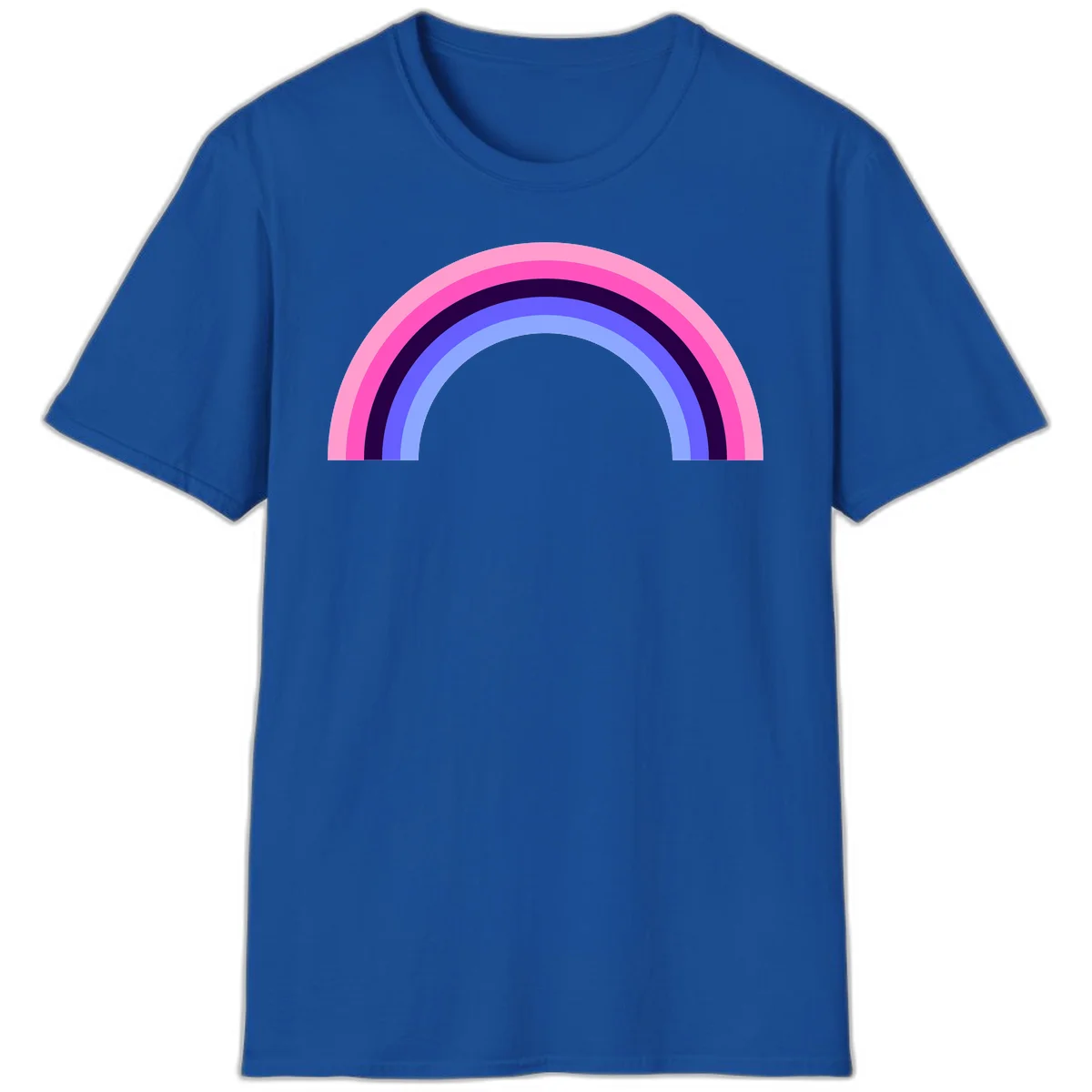 Pastel rainbow arc with five concentric colored stripes in pink, navy, blue and light blue on gray background in Royal