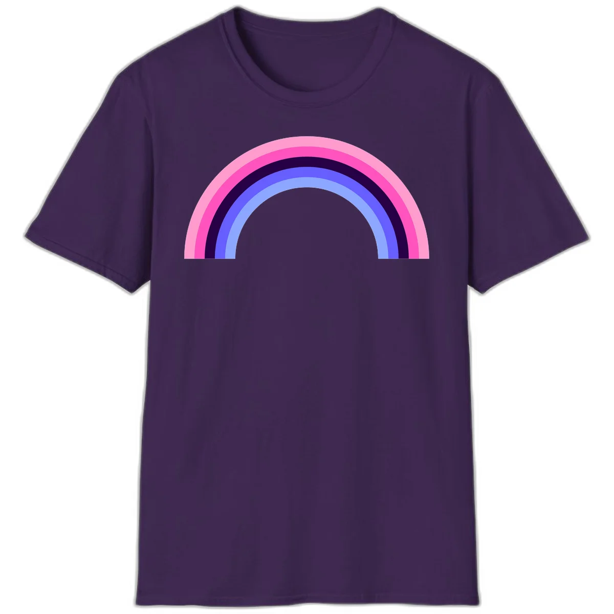 Pastel rainbow arc with five concentric colored stripes in pink, navy, blue and light blue on gray background in Purple
