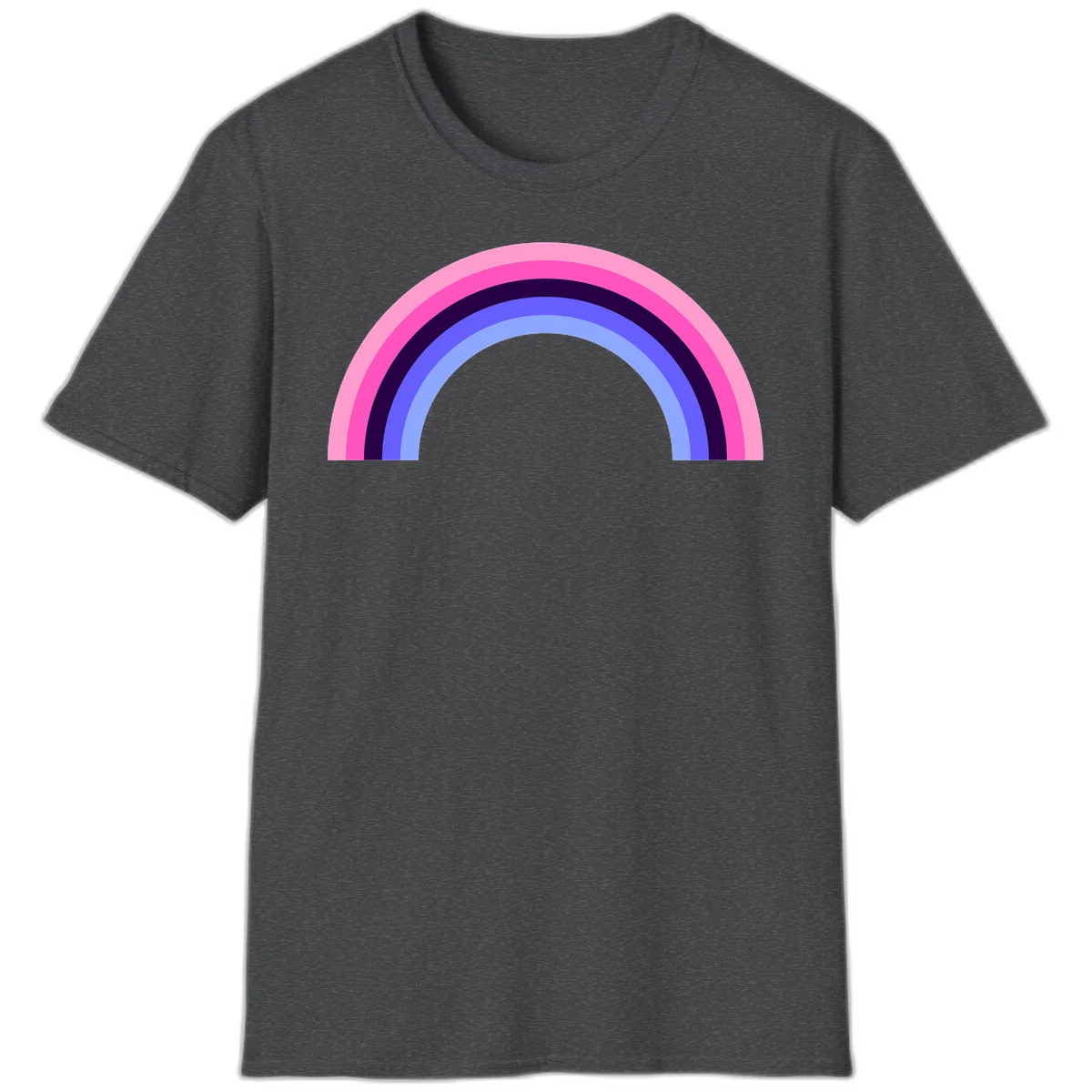 Pastel rainbow arc with five concentric colored stripes in pink, navy, blue and light blue on gray background in Dark Heather