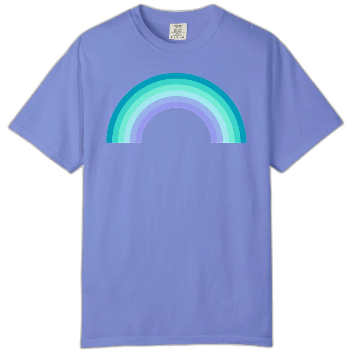 Pastel rainbow arch design featuring concentric semicircular bands in teal, cyan, mint, and lavender gradient colors in Flo Blue