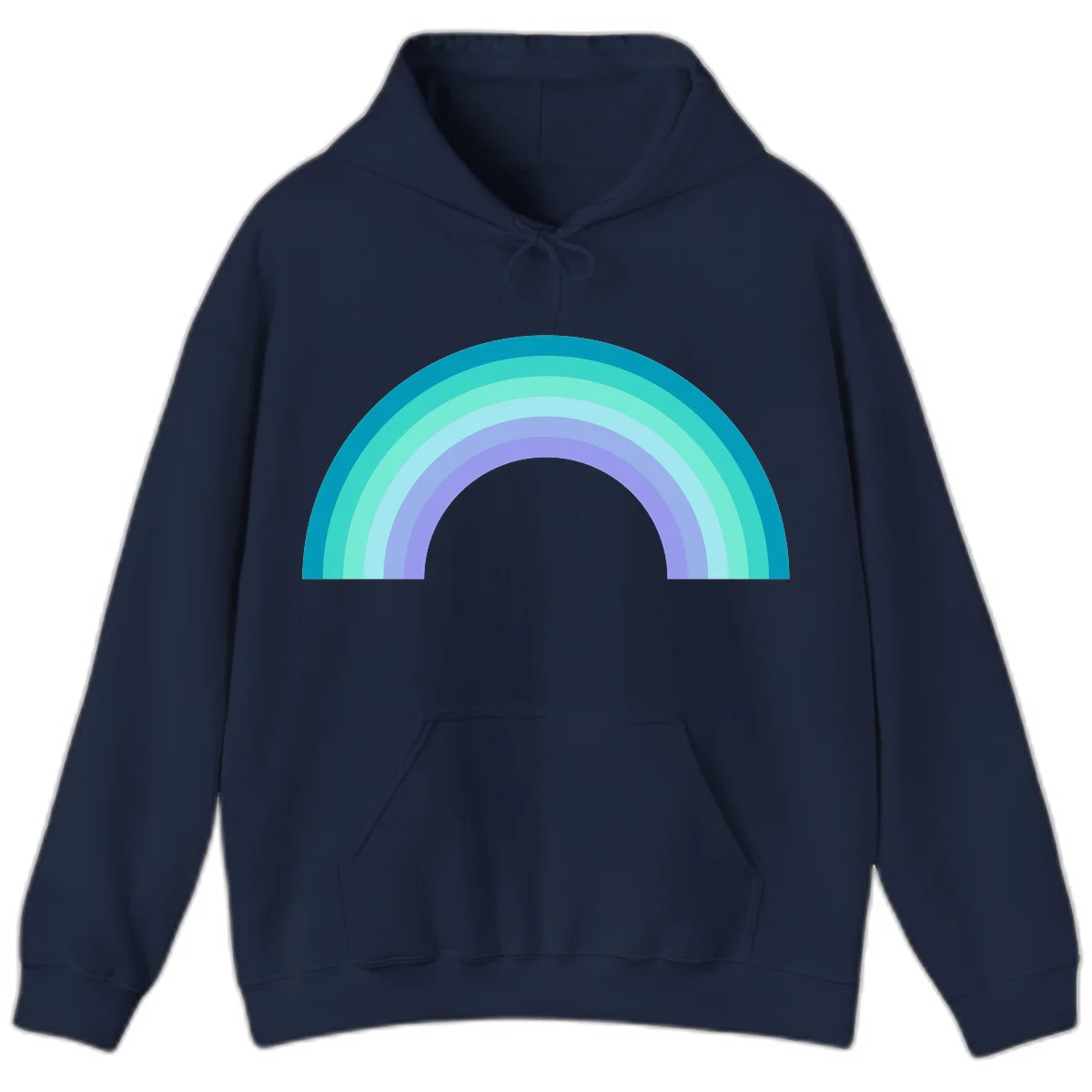 Pastel rainbow arch design featuring concentric semicircular bands in teal, cyan, mint, and lavender gradient colors in Navy