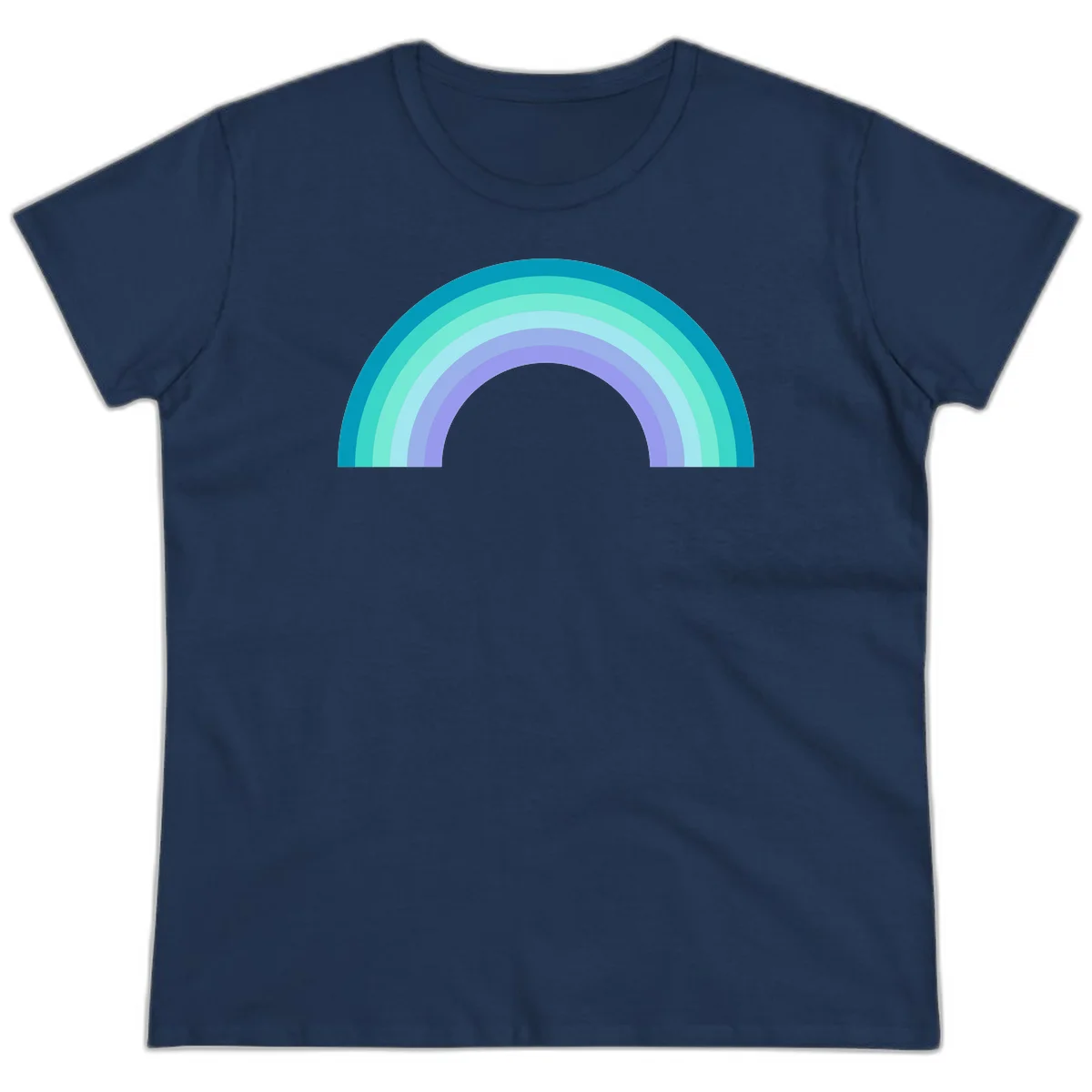 Pastel rainbow arch design featuring concentric semicircular bands in teal, cyan, mint, and lavender gradient colors in Navy