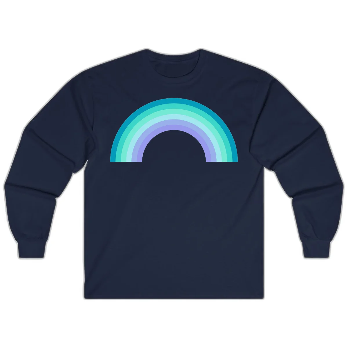 Pastel rainbow arch design featuring concentric semicircular bands in teal, cyan, mint, and lavender gradient colors in Navy