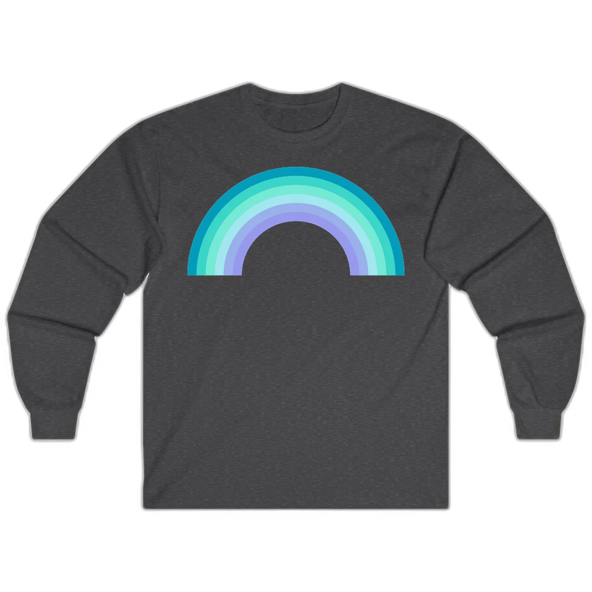 Pastel rainbow arch design featuring concentric semicircular bands in teal, cyan, mint, and lavender gradient colors in Dark Heather