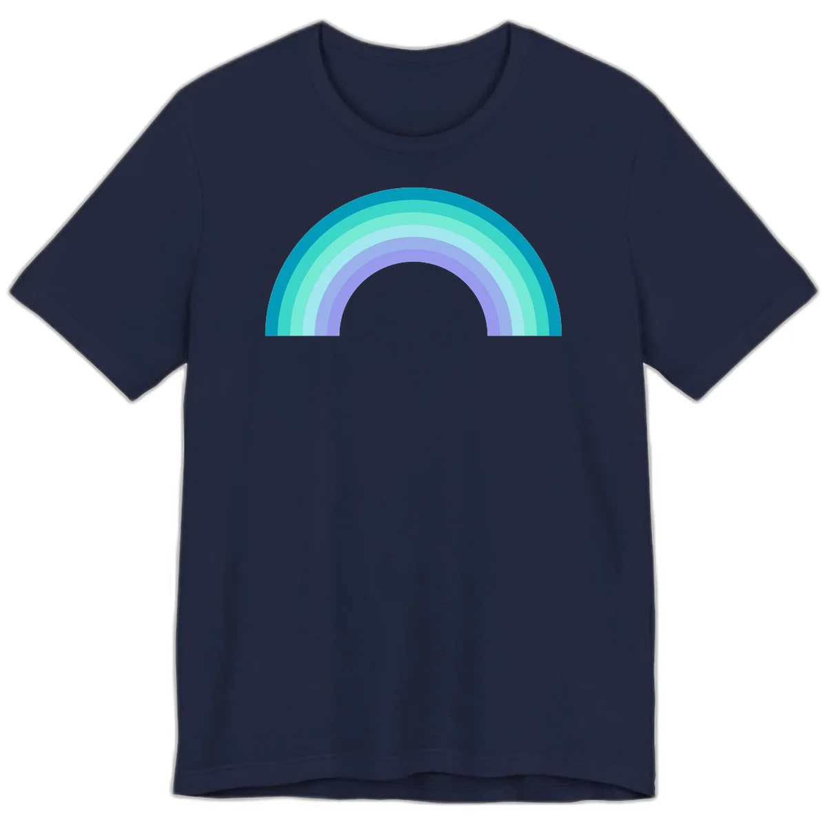 Pastel rainbow arch design featuring concentric semicircular bands in teal, cyan, mint, and lavender gradient colors in Navy