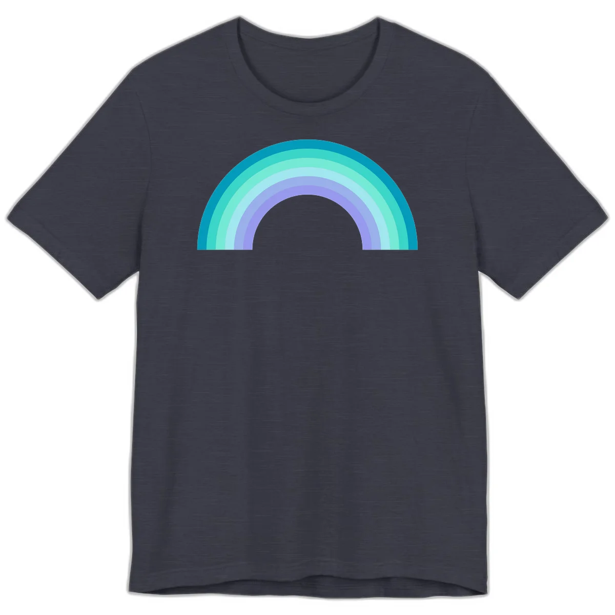 Pastel rainbow arch design featuring concentric semicircular bands in teal, cyan, mint, and lavender gradient colors in Heather Midnight Navy