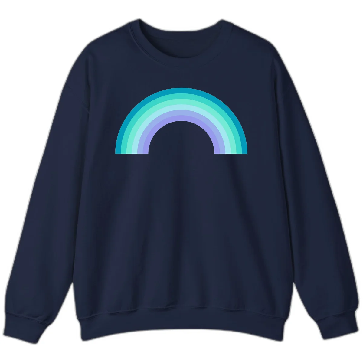 Pastel rainbow arch design featuring concentric semicircular bands in teal, cyan, mint, and lavender gradient colors in Navy