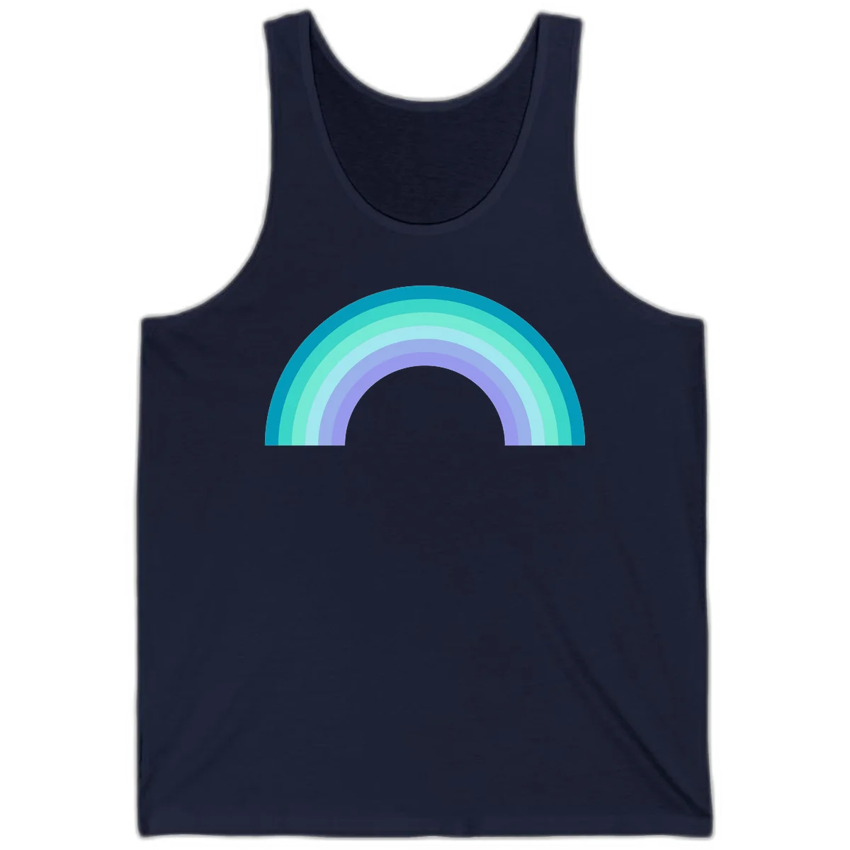 Pastel rainbow arch design featuring concentric semicircular bands in teal, cyan, mint, and lavender gradient colors in Navy