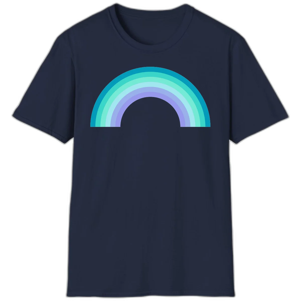 Pastel rainbow arch design featuring concentric semicircular bands in teal, cyan, mint, and lavender gradient colors in Navy