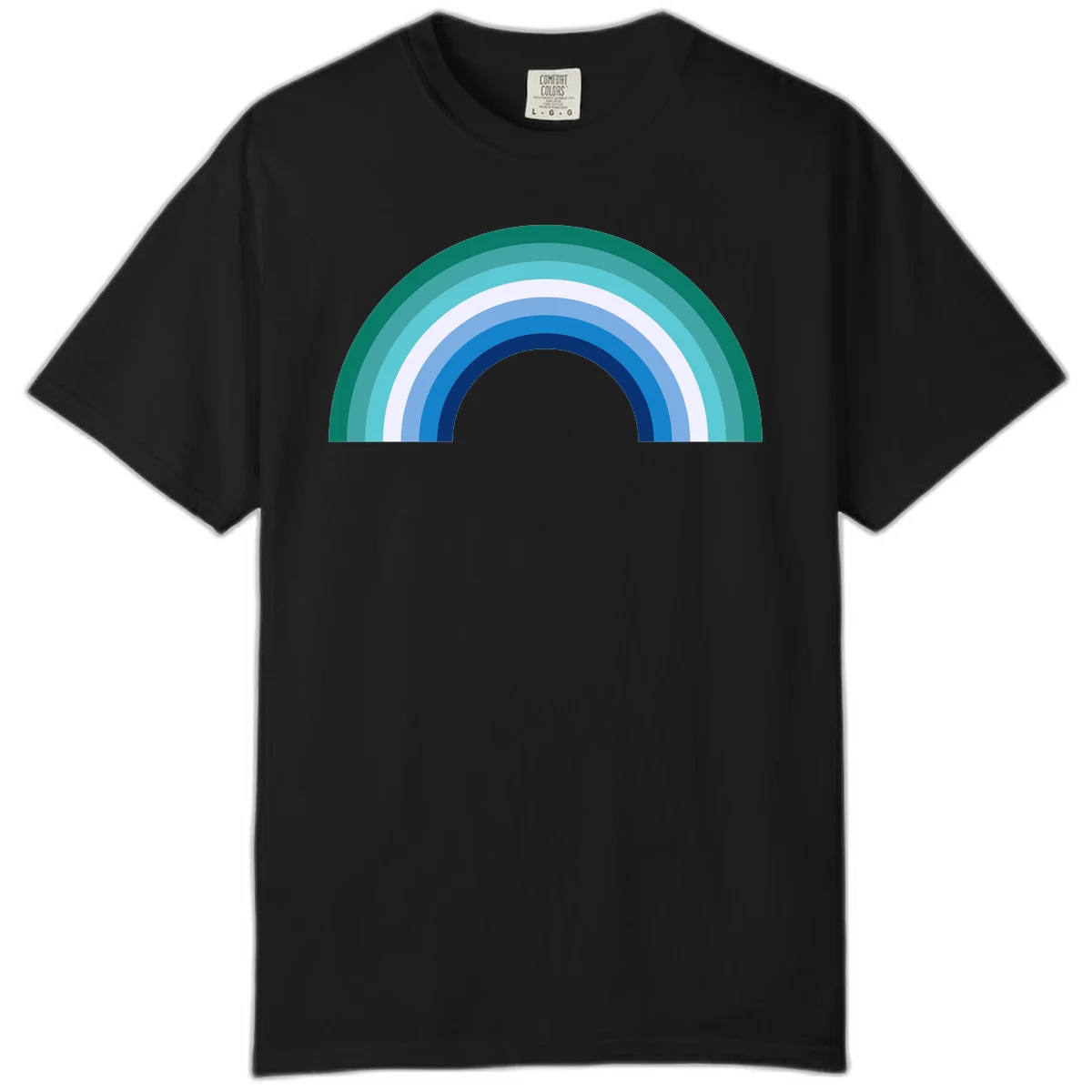 Concentric rainbow arcs design featuring nested semicircles in teal, cyan, white, and blue gradient layers in Black