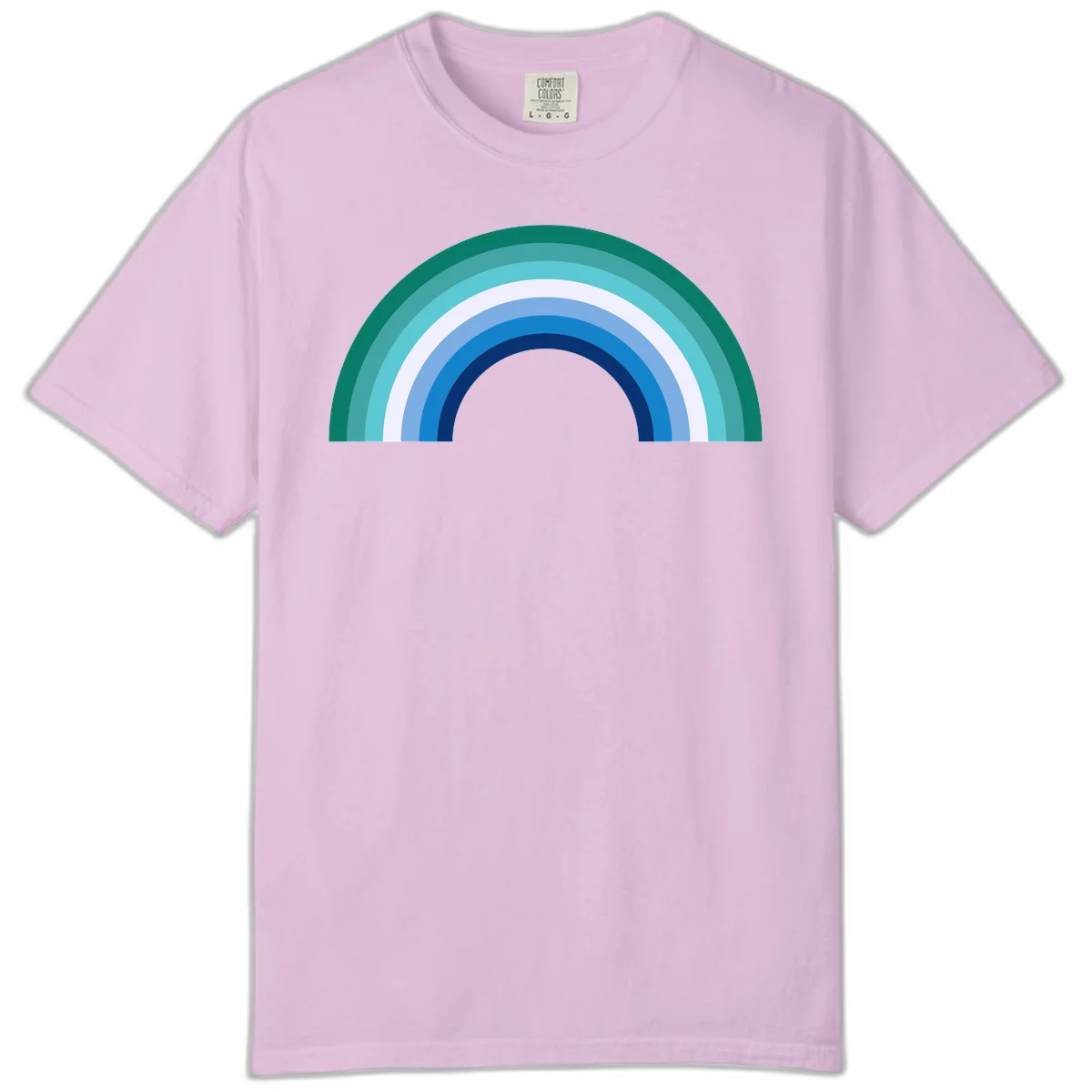 Concentric rainbow arcs design featuring nested semicircles in teal, cyan, white, and blue gradient layers in Orchid