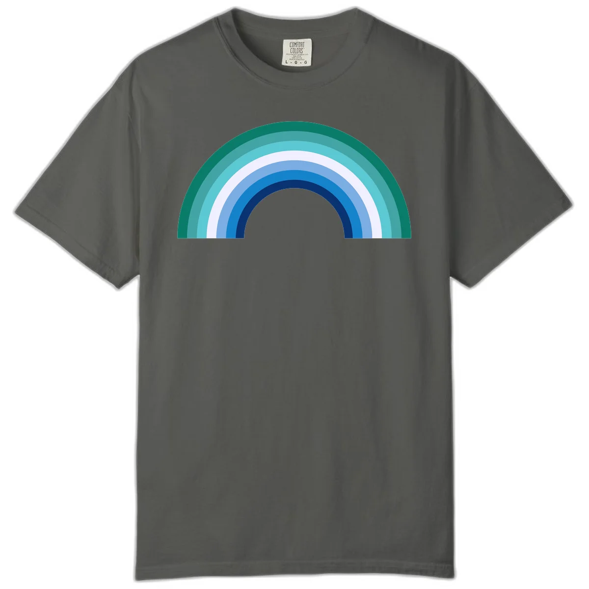 Concentric rainbow arcs design featuring nested semicircles in teal, cyan, white, and blue gradient layers in Pepper