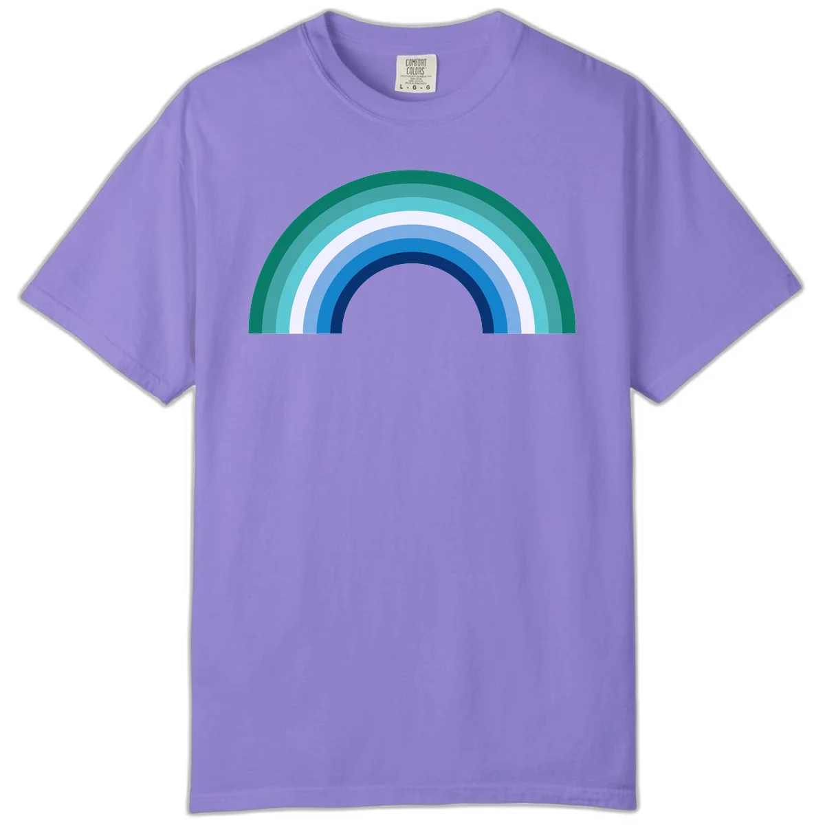 Concentric rainbow arcs design featuring nested semicircles in teal, cyan, white, and blue gradient layers in Violet