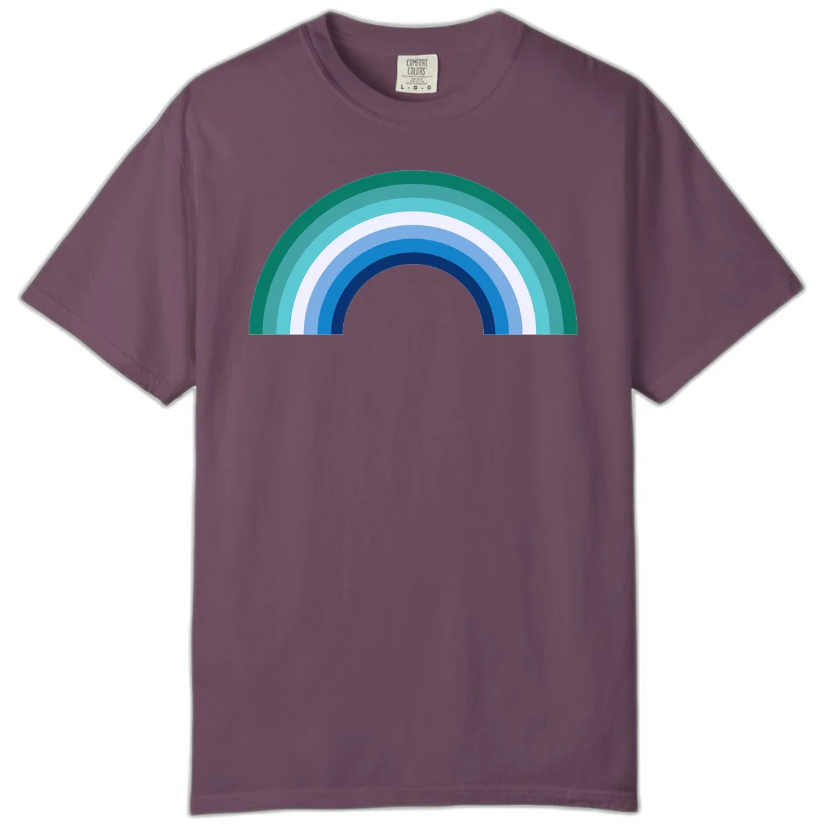 Concentric rainbow arcs design featuring nested semicircles in teal, cyan, white, and blue gradient layers in Berry