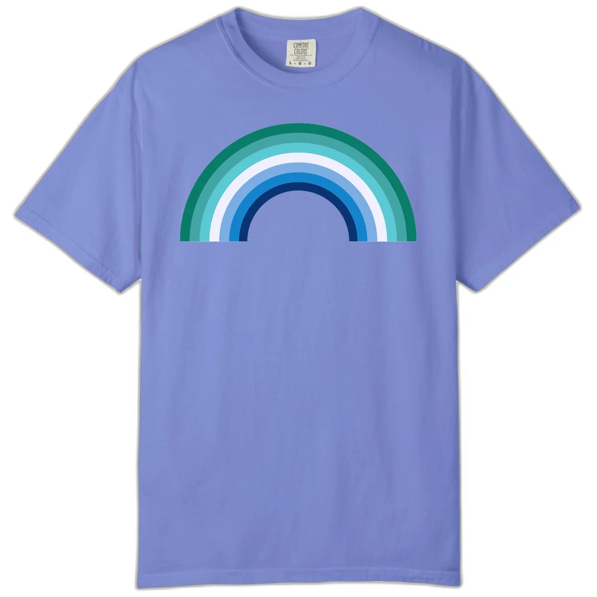 Concentric rainbow arcs design featuring nested semicircles in teal, cyan, white, and blue gradient layers in Flo Blue