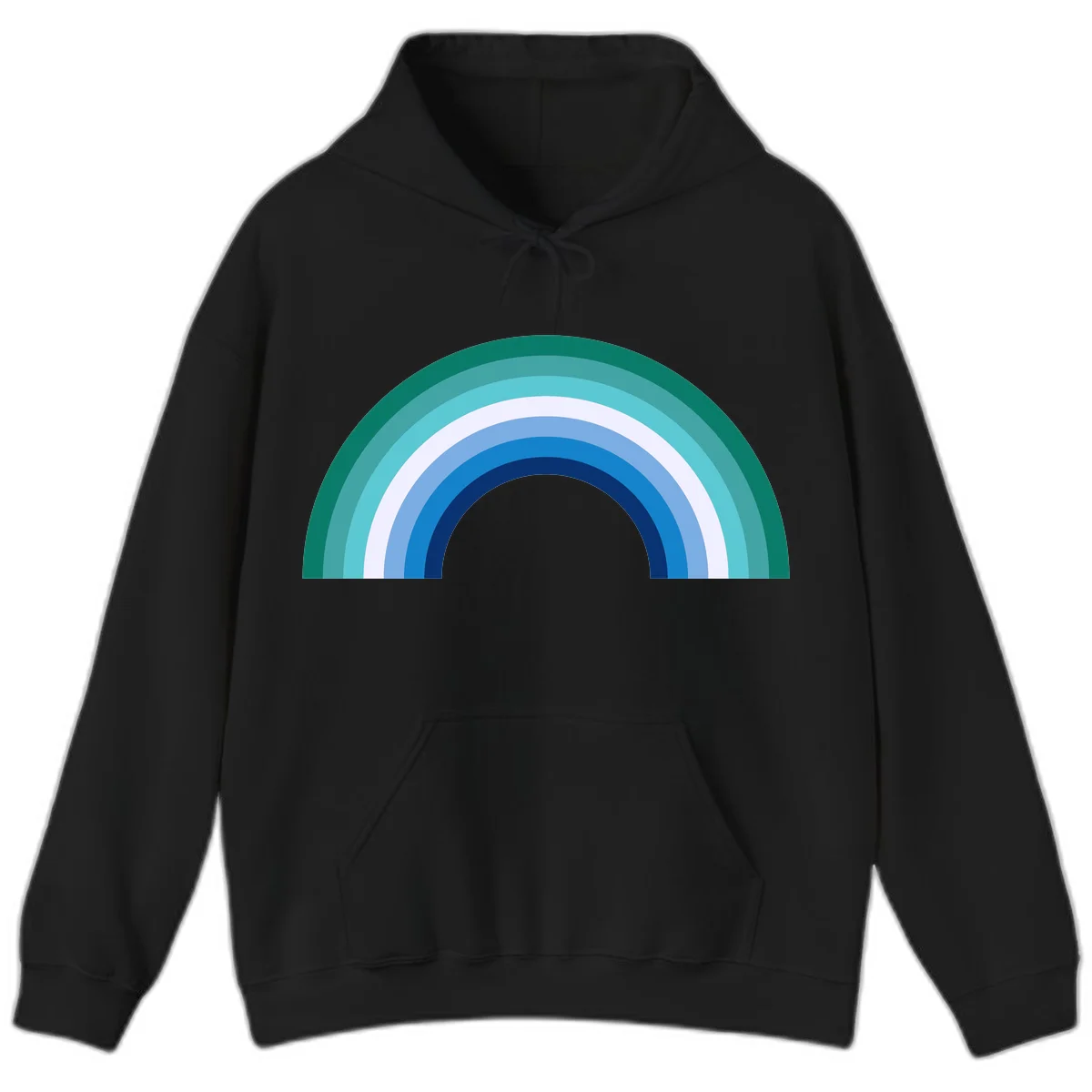 Concentric rainbow arcs design featuring nested semicircles in teal, cyan, white, and blue gradient layers in Black