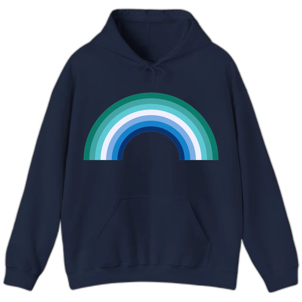 Concentric rainbow arcs design featuring nested semicircles in teal, cyan, white, and blue gradient layers in Navy