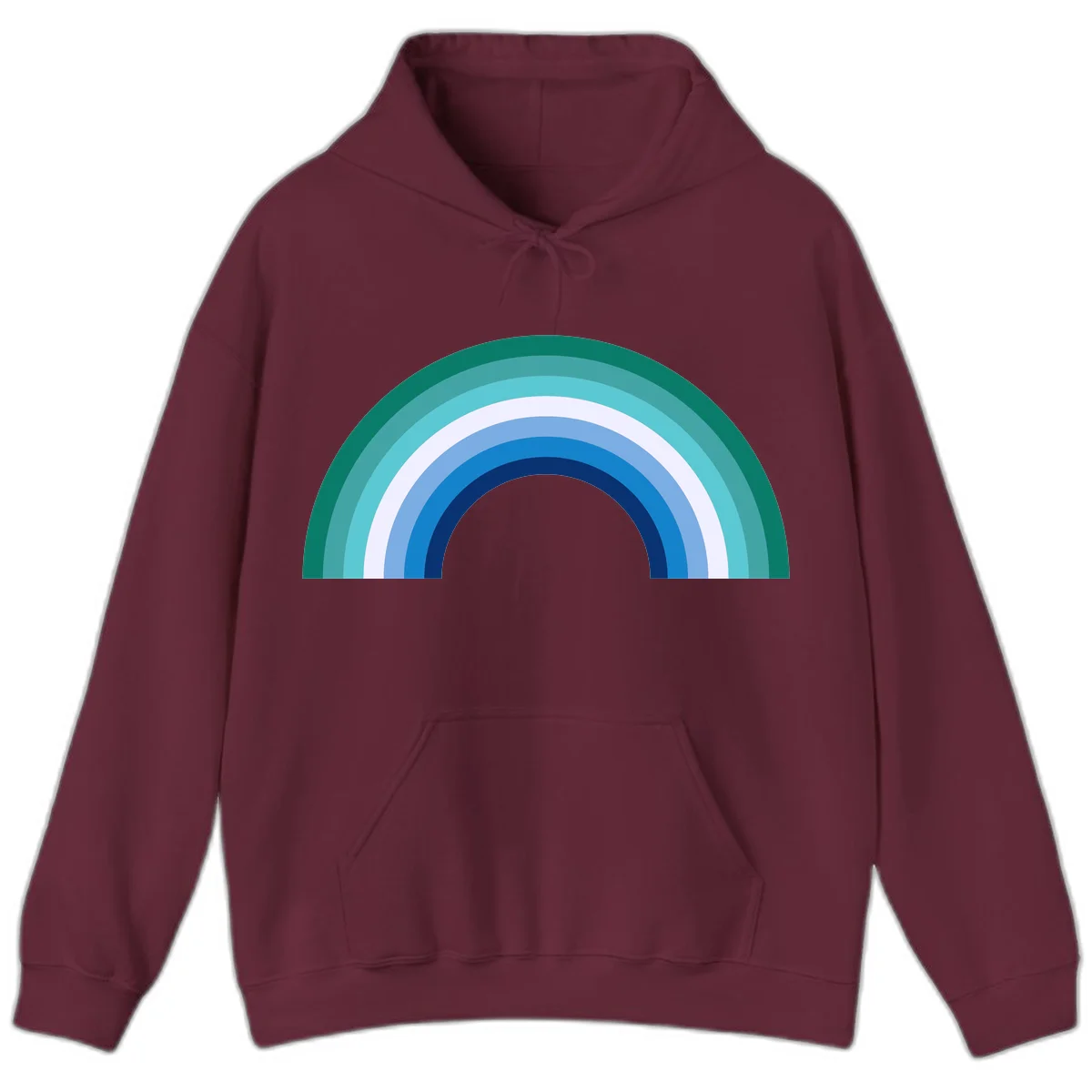 Concentric rainbow arcs design featuring nested semicircles in teal, cyan, white, and blue gradient layers in Maroon