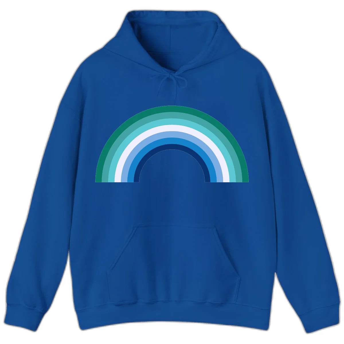 Concentric rainbow arcs design featuring nested semicircles in teal, cyan, white, and blue gradient layers in Royal
