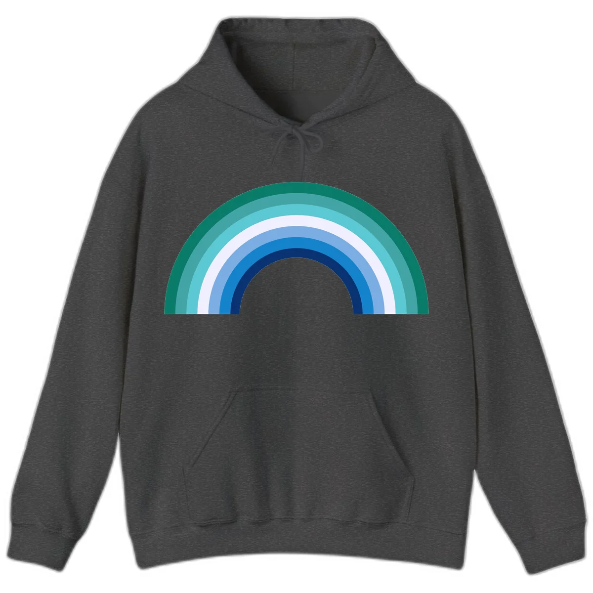 Concentric rainbow arcs design featuring nested semicircles in teal, cyan, white, and blue gradient layers in Dark Heather