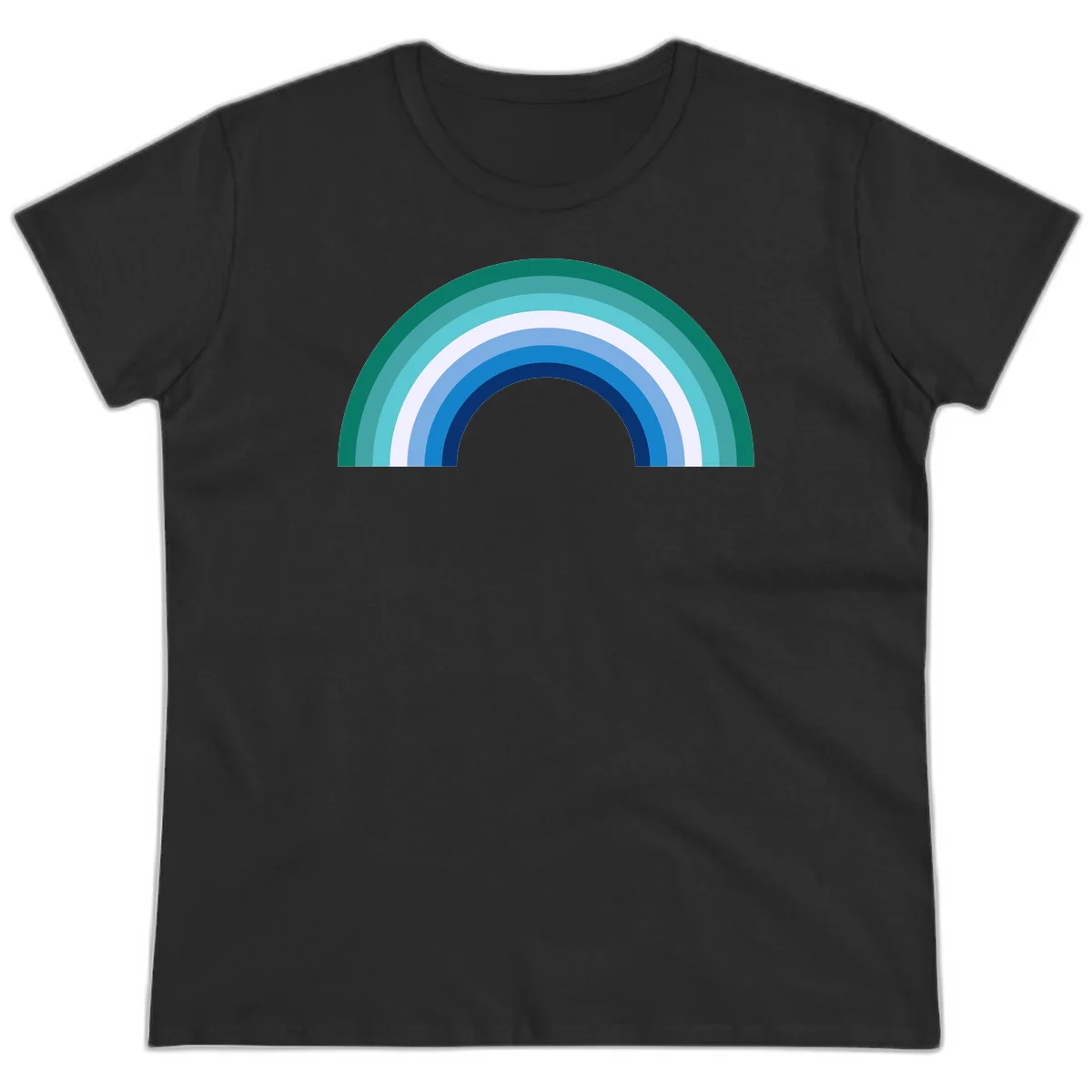 Concentric rainbow arcs design featuring nested semicircles in teal, cyan, white, and blue gradient layers in Black