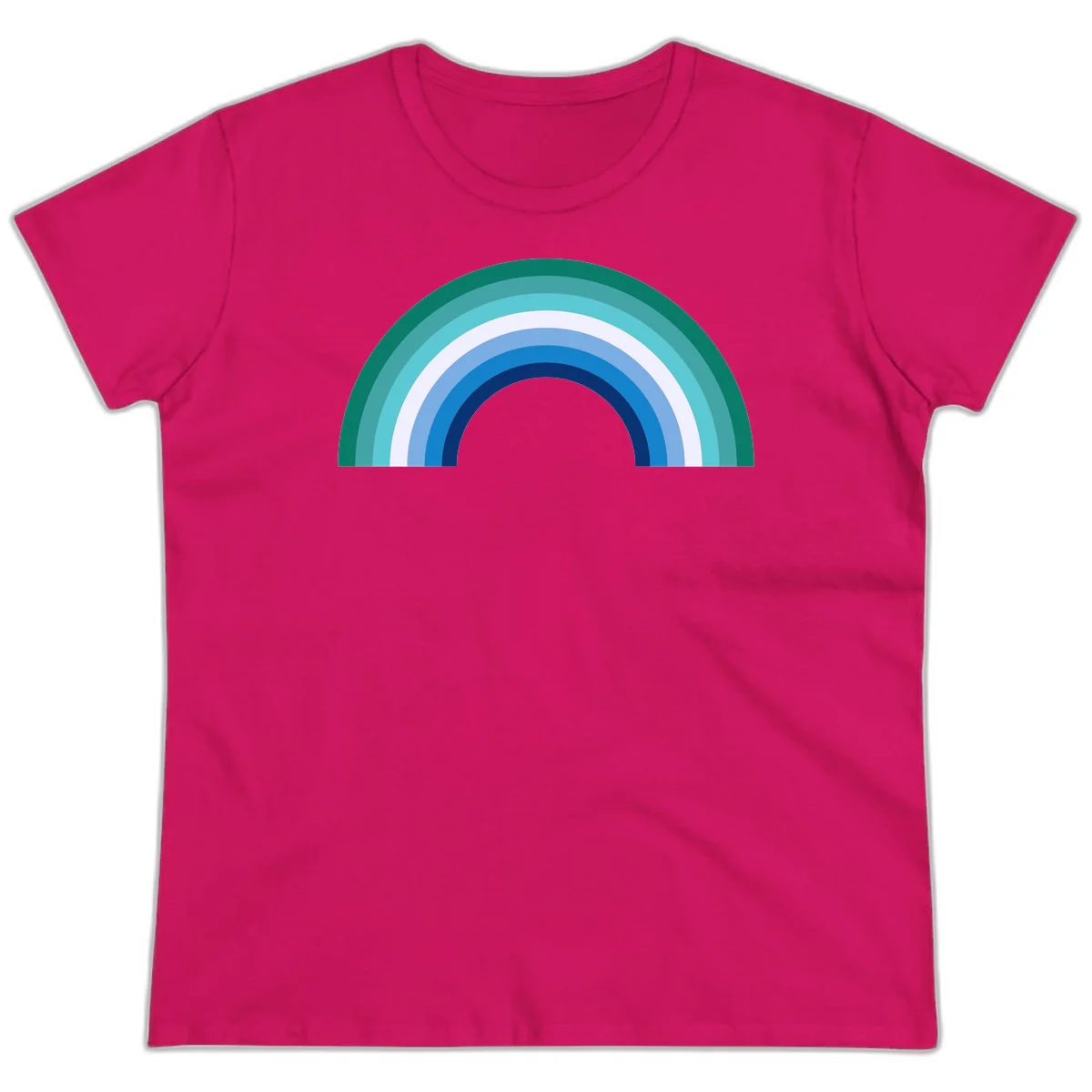 Concentric rainbow arcs design featuring nested semicircles in teal, cyan, white, and blue gradient layers in Heliconia