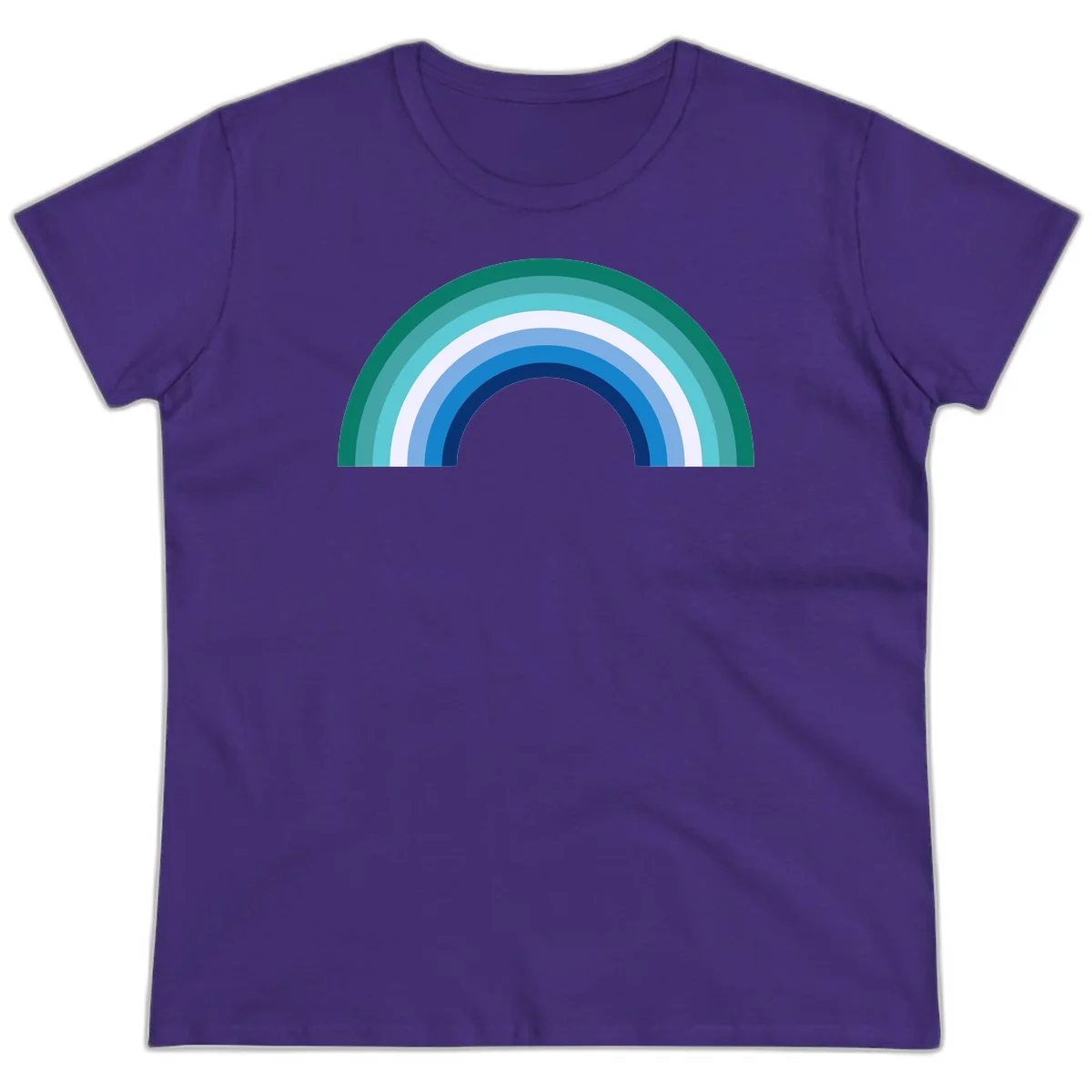 Concentric rainbow arcs design featuring nested semicircles in teal, cyan, white, and blue gradient layers in Purple