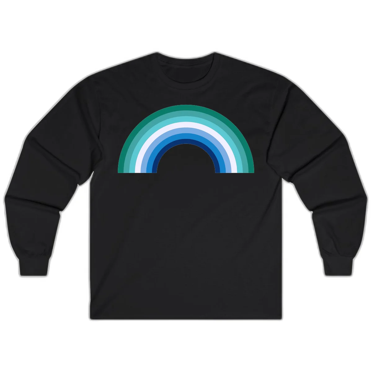 Concentric rainbow arcs design featuring nested semicircles in teal, cyan, white, and blue gradient layers in Black