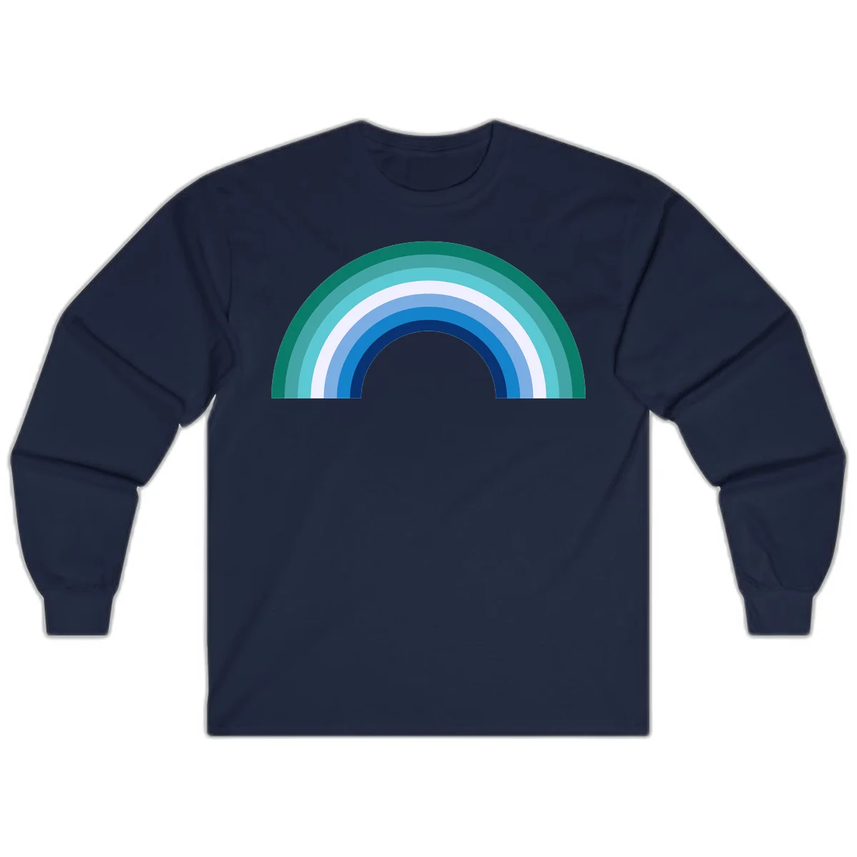 Concentric rainbow arcs design featuring nested semicircles in teal, cyan, white, and blue gradient layers in Navy