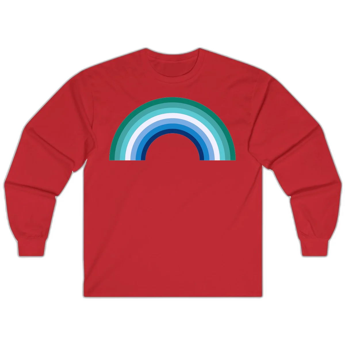 Concentric rainbow arcs design featuring nested semicircles in teal, cyan, white, and blue gradient layers in Red