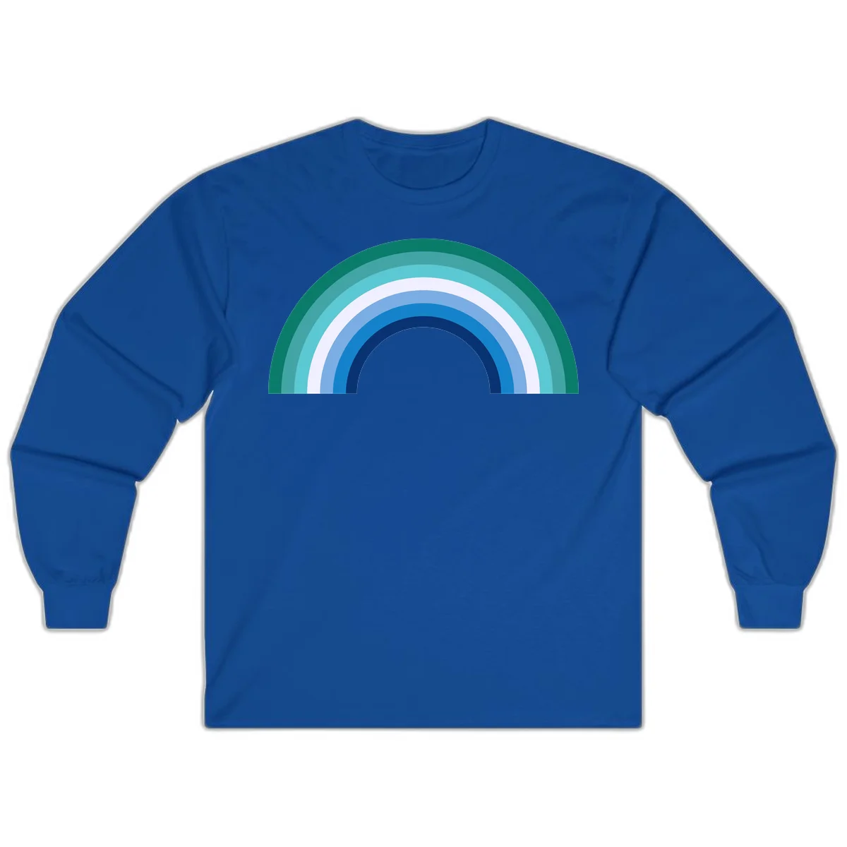 Concentric rainbow arcs design featuring nested semicircles in teal, cyan, white, and blue gradient layers in Royal