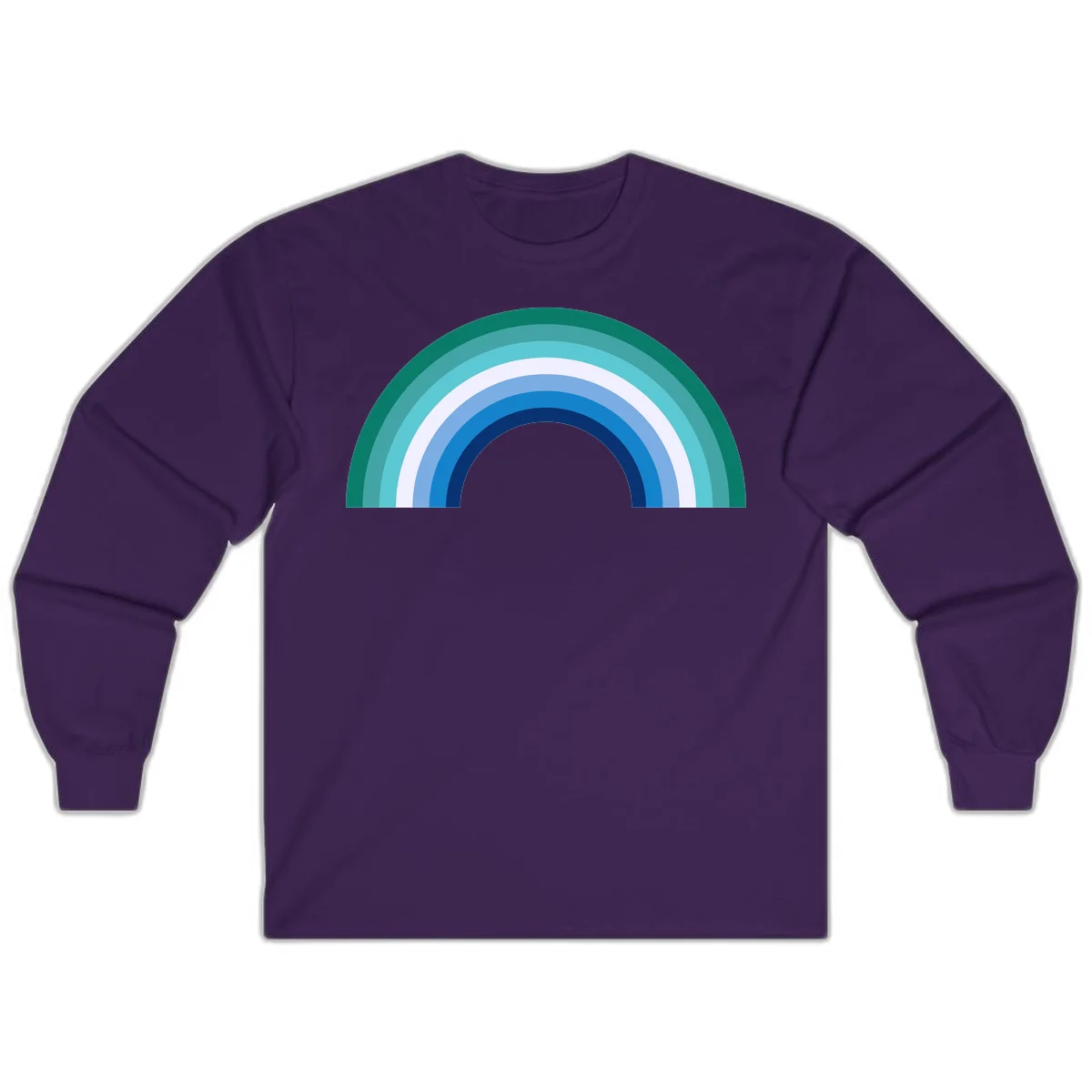 Concentric rainbow arcs design featuring nested semicircles in teal, cyan, white, and blue gradient layers in Purple