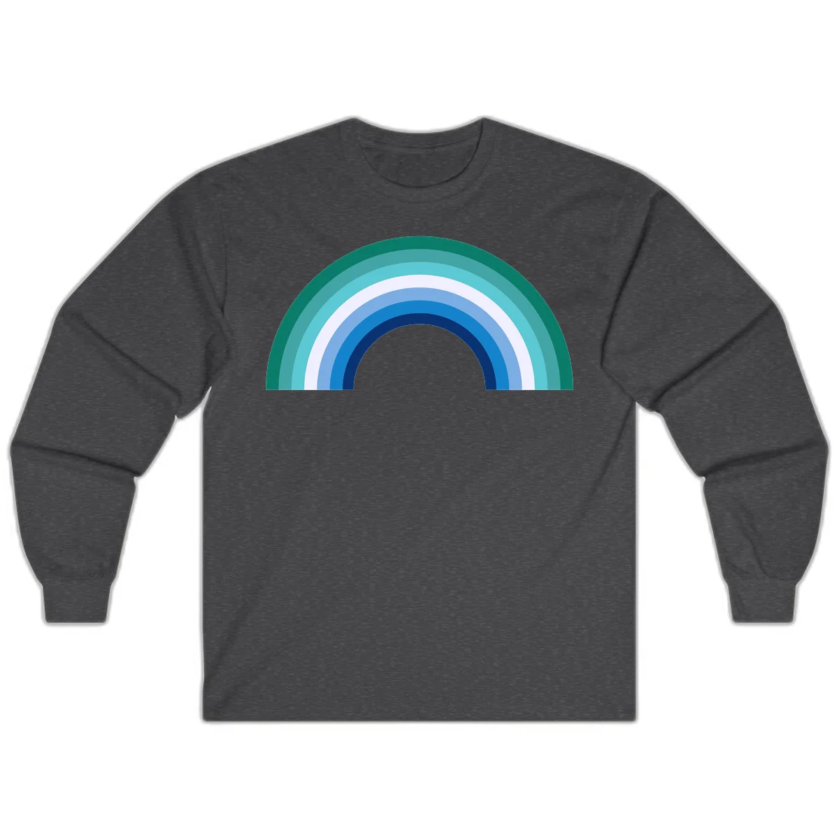 Concentric rainbow arcs design featuring nested semicircles in teal, cyan, white, and blue gradient layers in Dark Heather