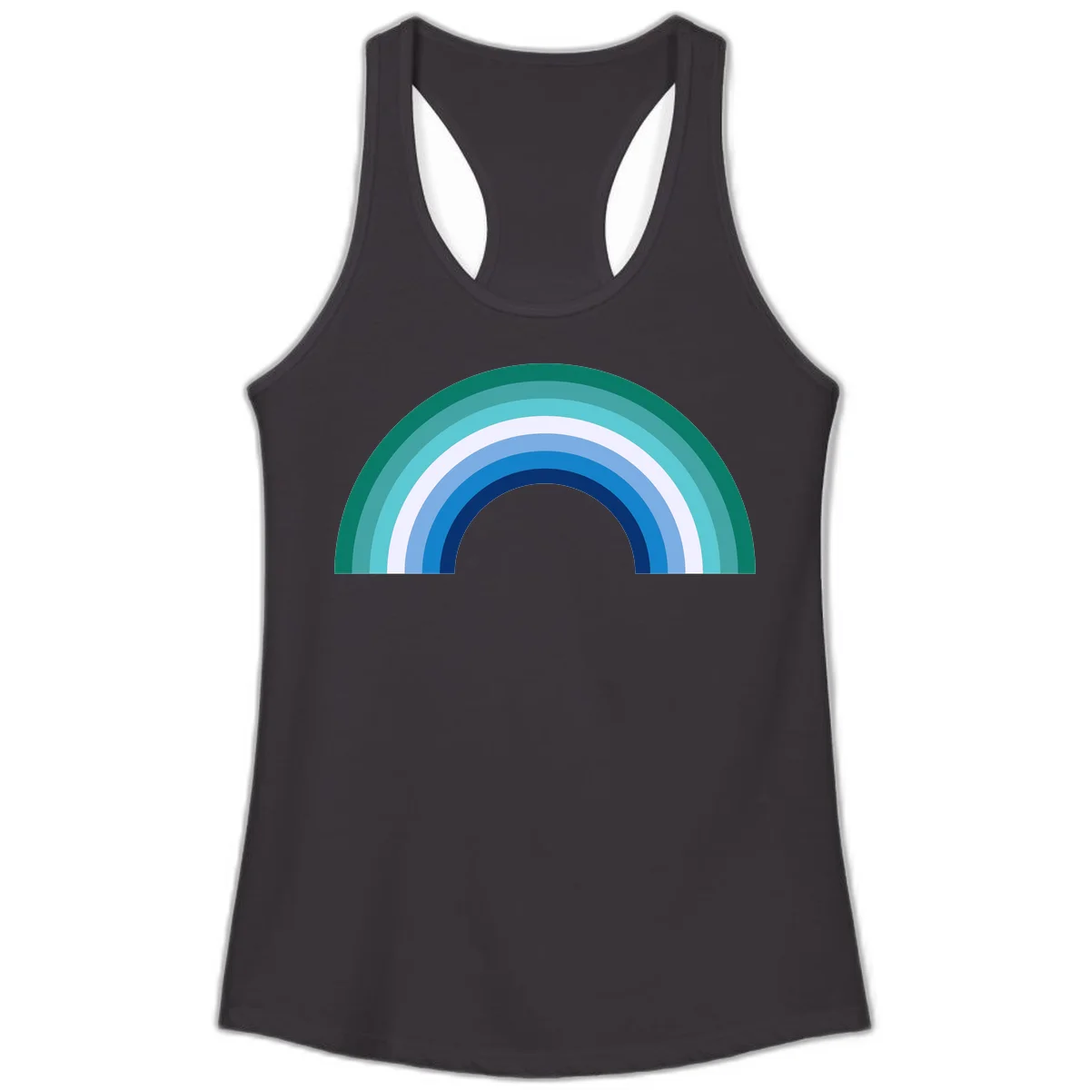 Concentric rainbow arcs design featuring nested semicircles in teal, cyan, white, and blue gradient layers in Black