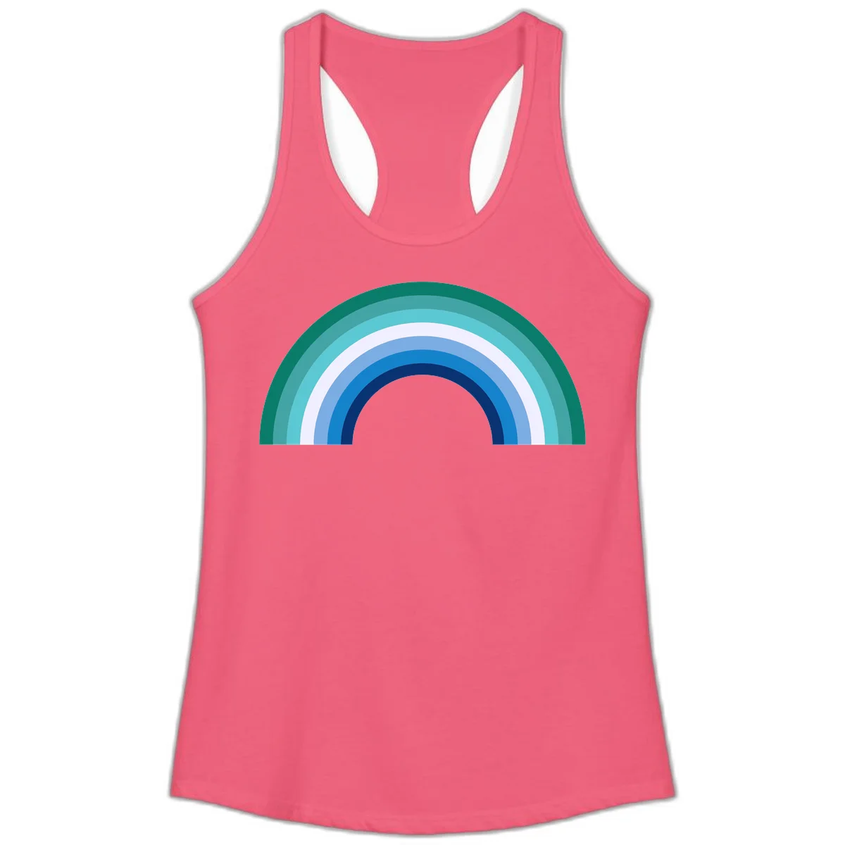 Concentric rainbow arcs design featuring nested semicircles in teal, cyan, white, and blue gradient layers in Hot Pink