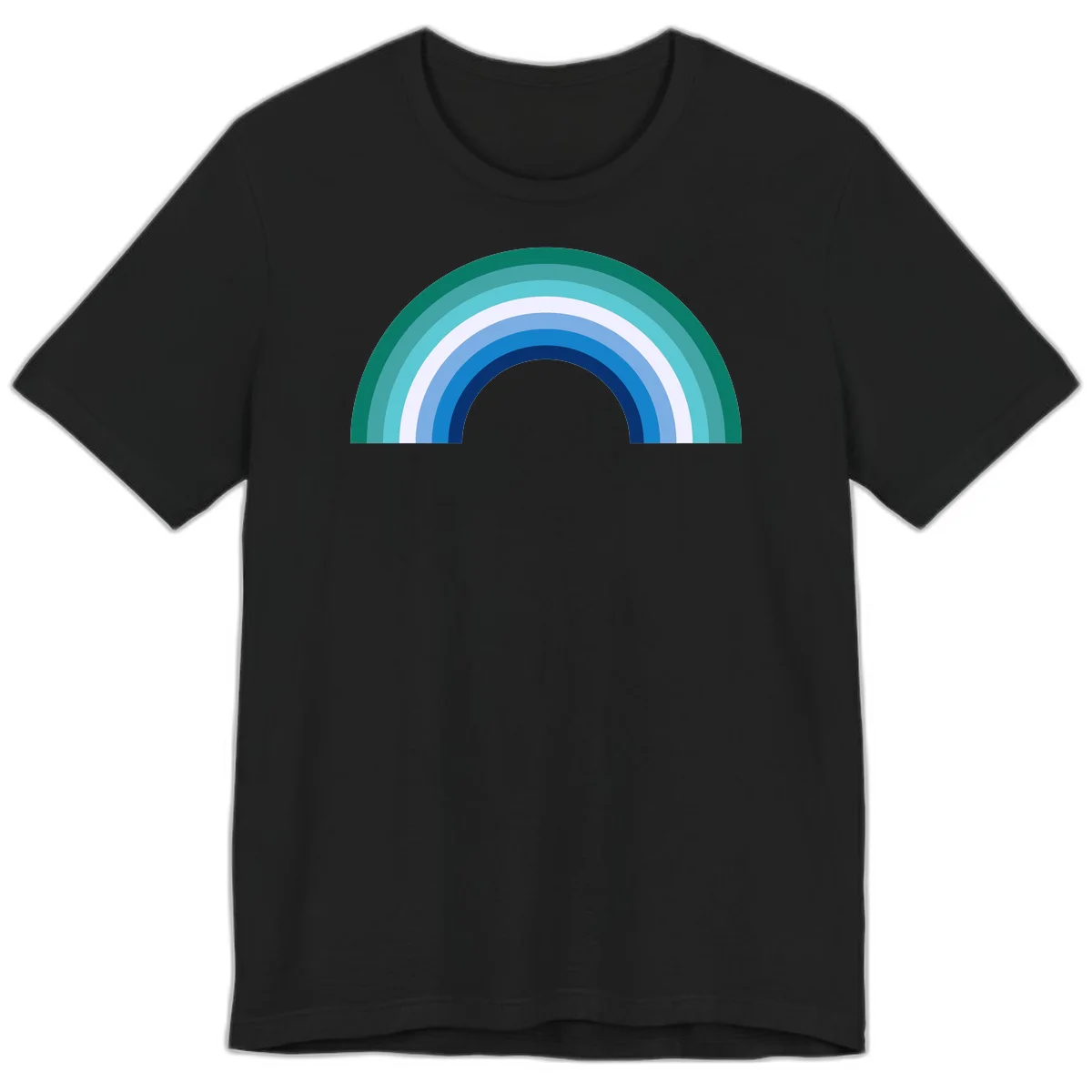 Concentric rainbow arcs design featuring nested semicircles in teal, cyan, white, and blue gradient layers in Black