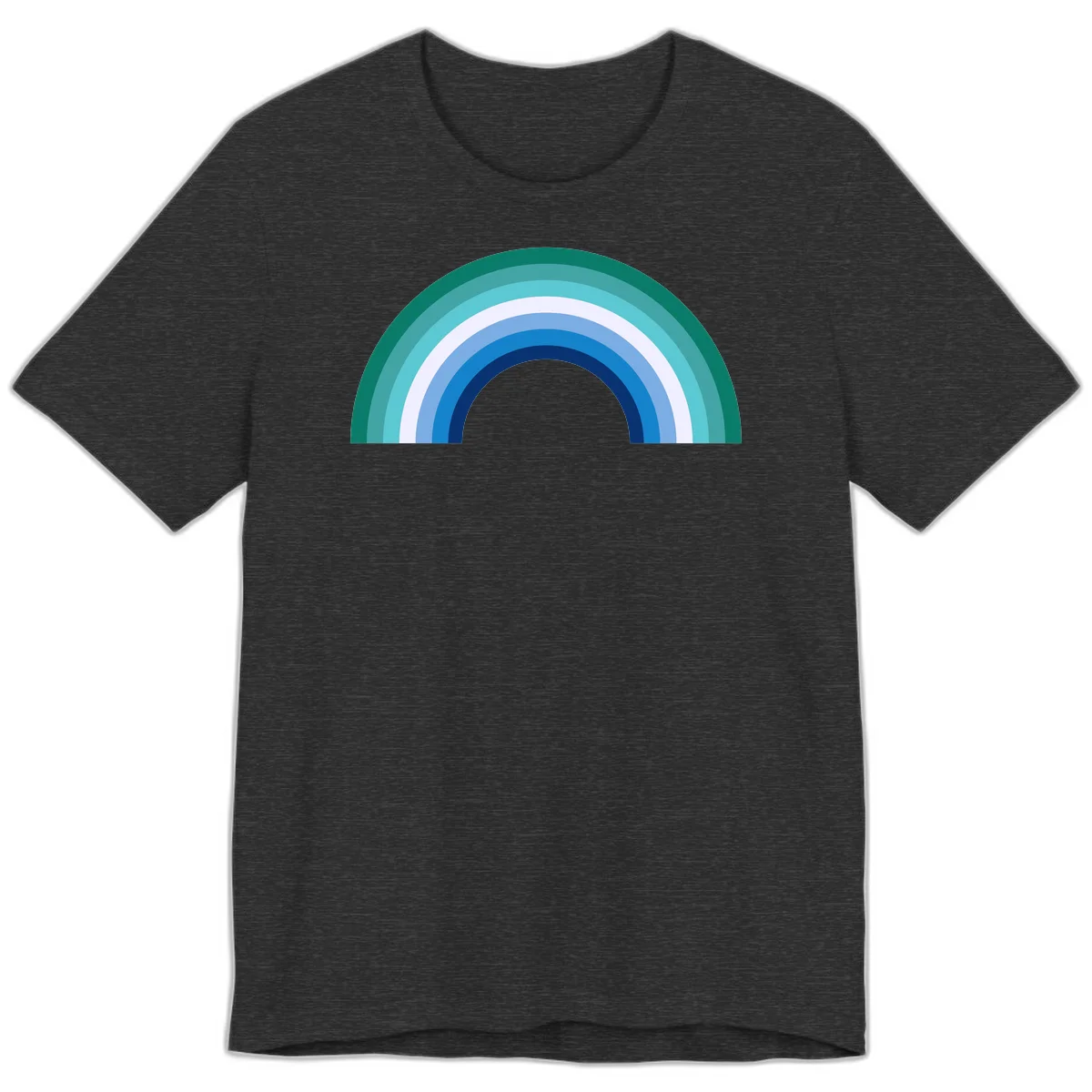 Concentric rainbow arcs design featuring nested semicircles in teal, cyan, white, and blue gradient layers in Dark Grey Heather