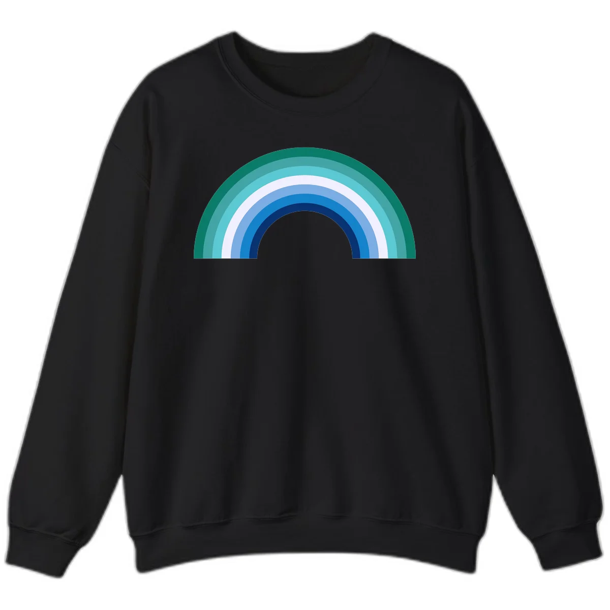 Concentric rainbow arcs design featuring nested semicircles in teal, cyan, white, and blue gradient layers in Black