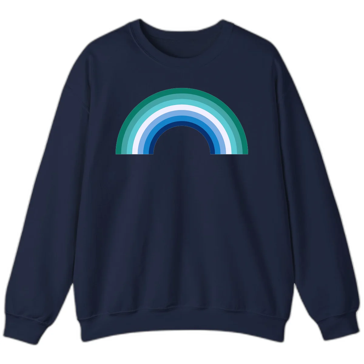 Concentric rainbow arcs design featuring nested semicircles in teal, cyan, white, and blue gradient layers in Navy
