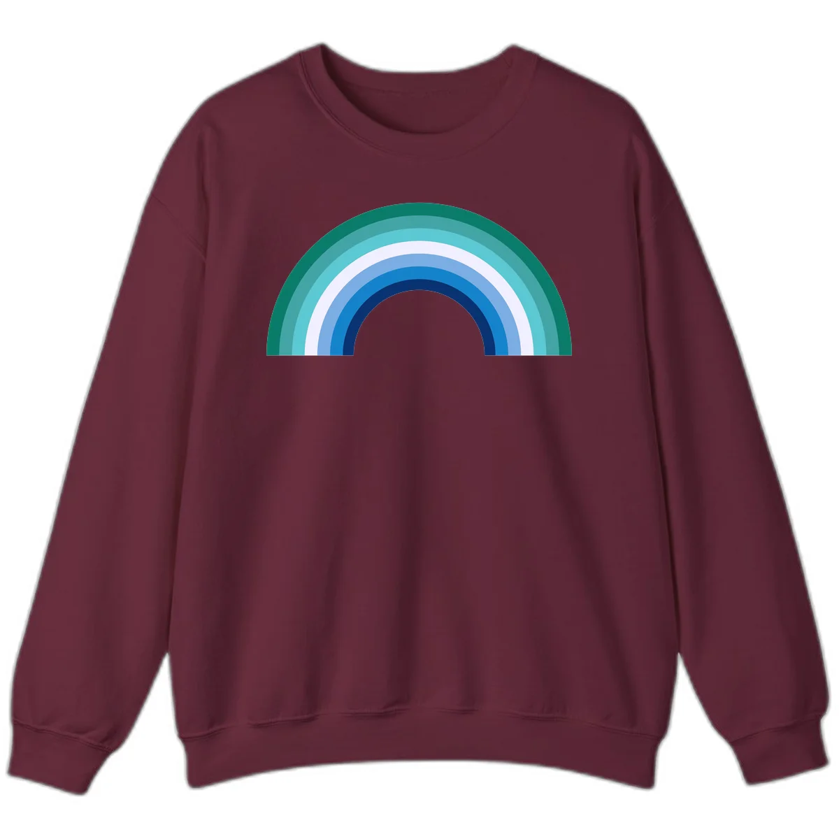 Concentric rainbow arcs design featuring nested semicircles in teal, cyan, white, and blue gradient layers in Maroon