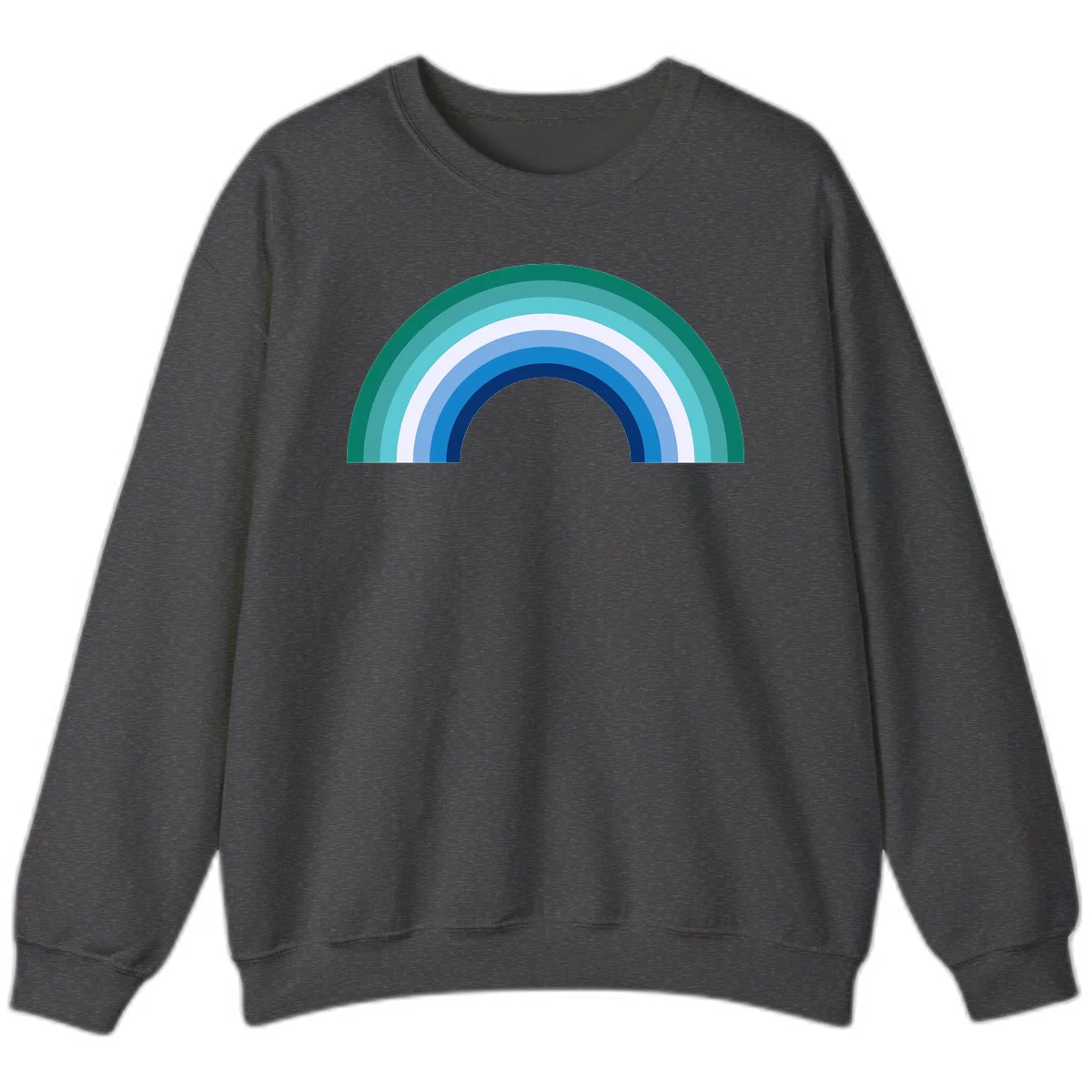 Concentric rainbow arcs design featuring nested semicircles in teal, cyan, white, and blue gradient layers in Dark Heather