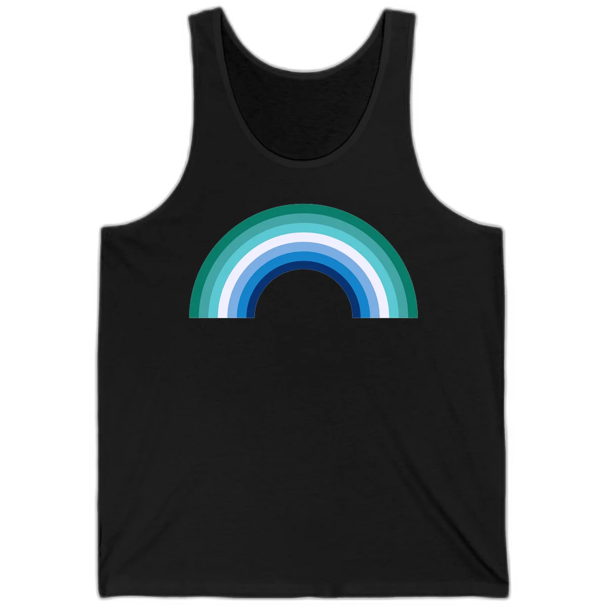 Concentric rainbow arcs design featuring nested semicircles in teal, cyan, white, and blue gradient layers in Black