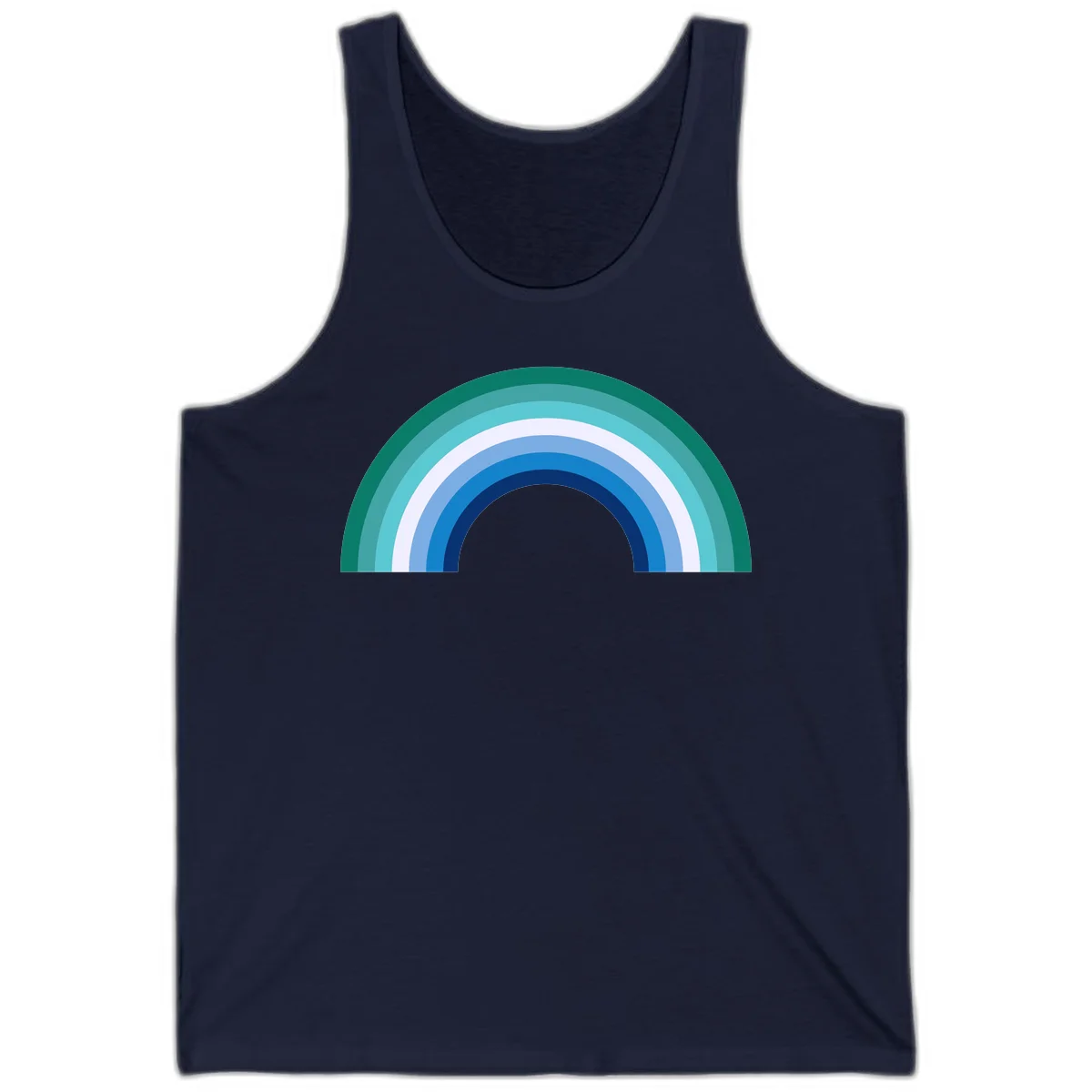 Concentric rainbow arcs design featuring nested semicircles in teal, cyan, white, and blue gradient layers in Navy