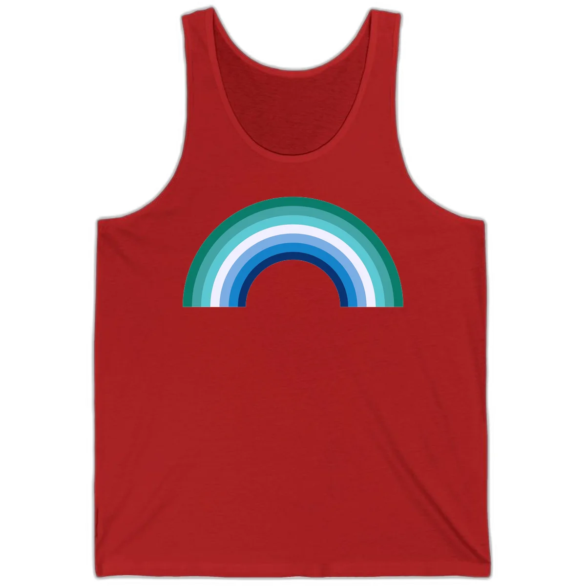 Concentric rainbow arcs design featuring nested semicircles in teal, cyan, white, and blue gradient layers in Red