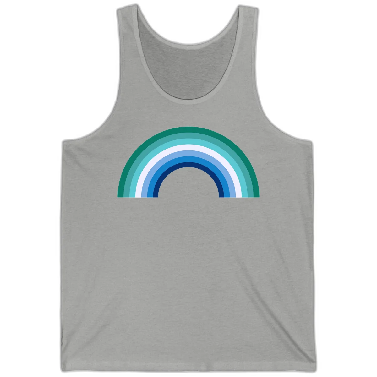 Concentric rainbow arcs design featuring nested semicircles in teal, cyan, white, and blue gradient layers in Athletic Heather