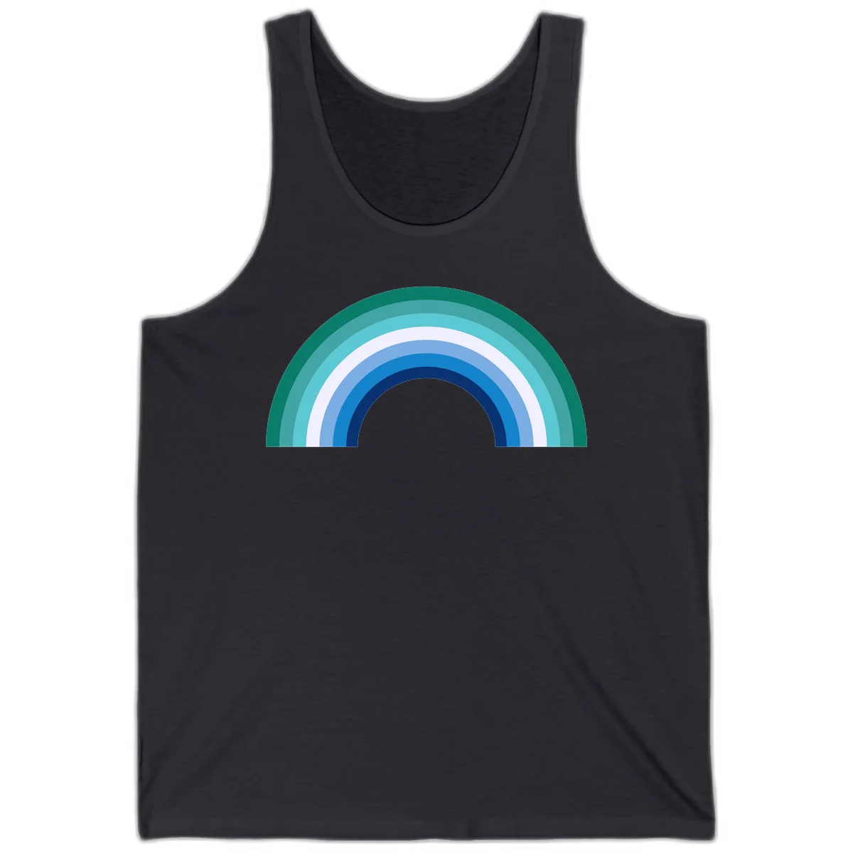 Concentric rainbow arcs design featuring nested semicircles in teal, cyan, white, and blue gradient layers in Dark Grey