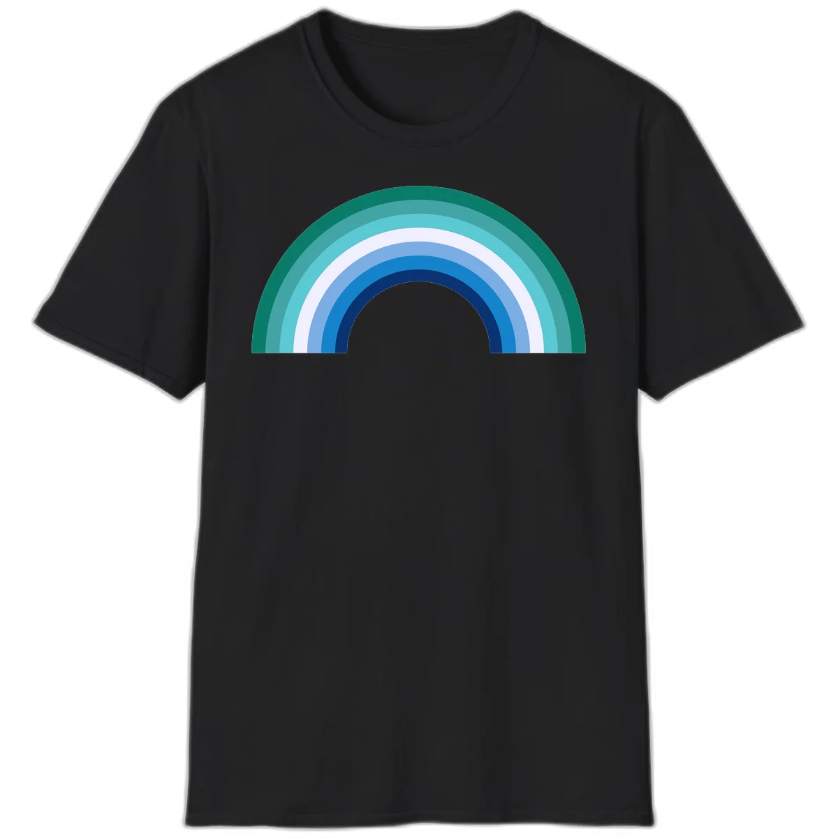 Concentric rainbow arcs design featuring nested semicircles in teal, cyan, white, and blue gradient layers in Black