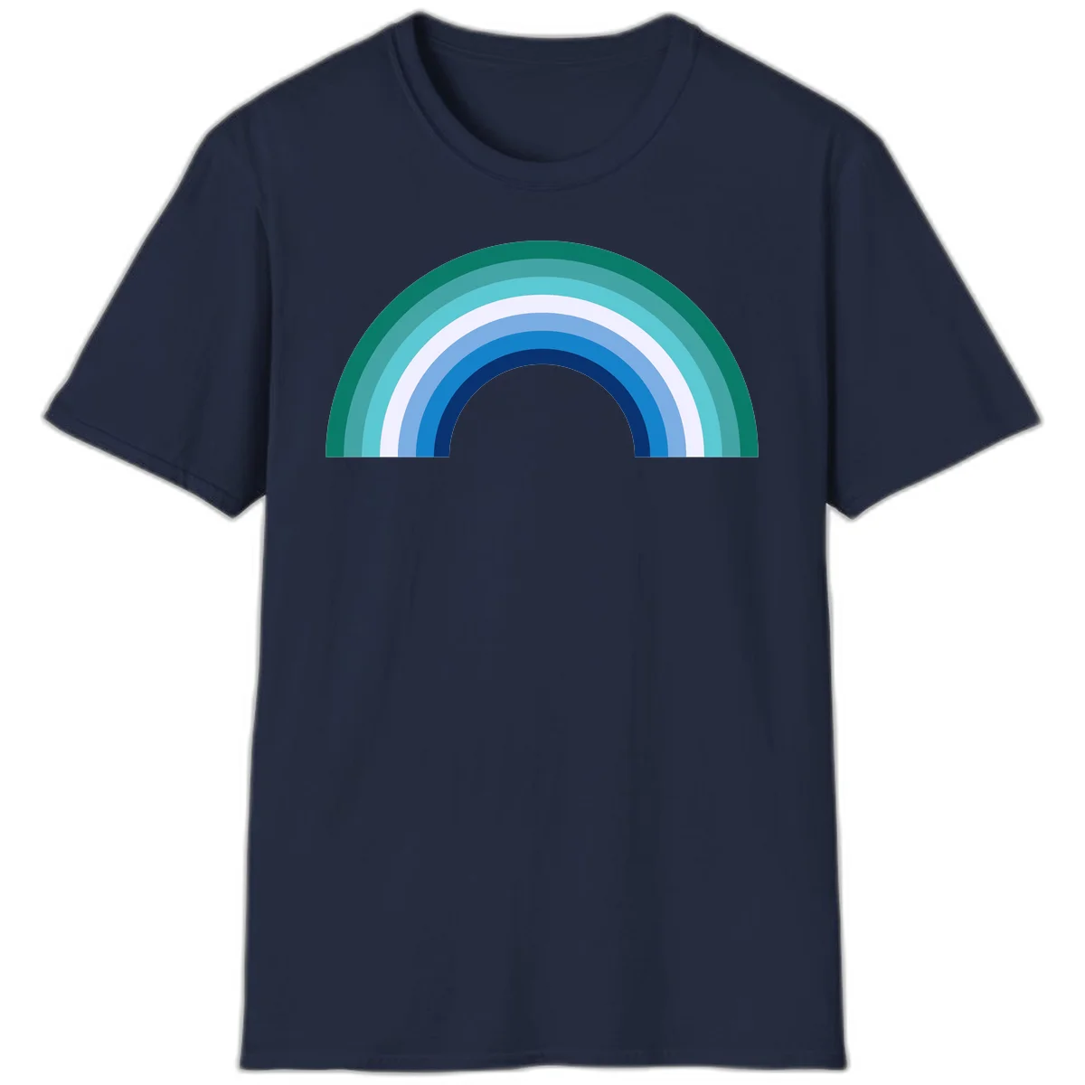 Concentric rainbow arcs design featuring nested semicircles in teal, cyan, white, and blue gradient layers in Navy