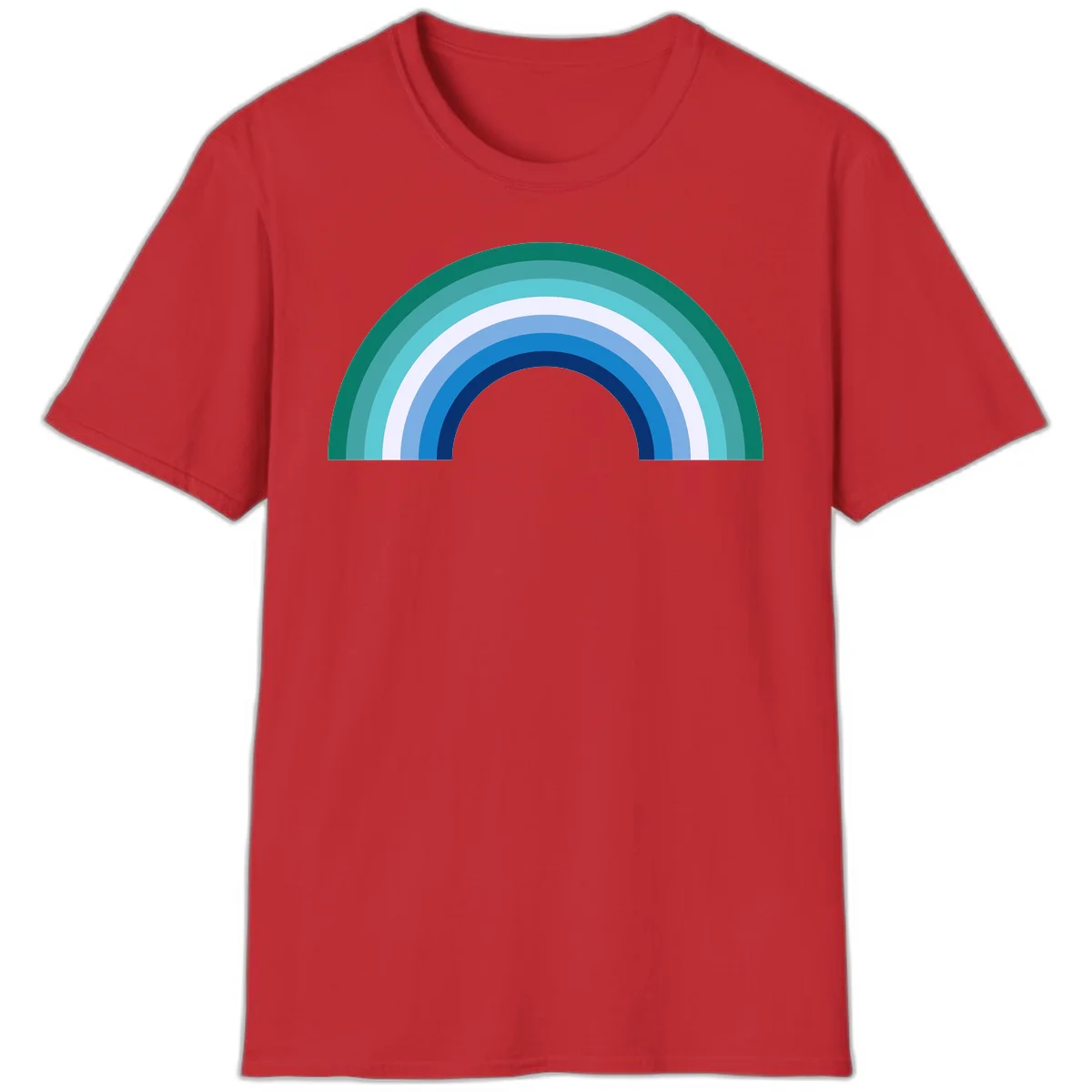 Concentric rainbow arcs design featuring nested semicircles in teal, cyan, white, and blue gradient layers in Red
