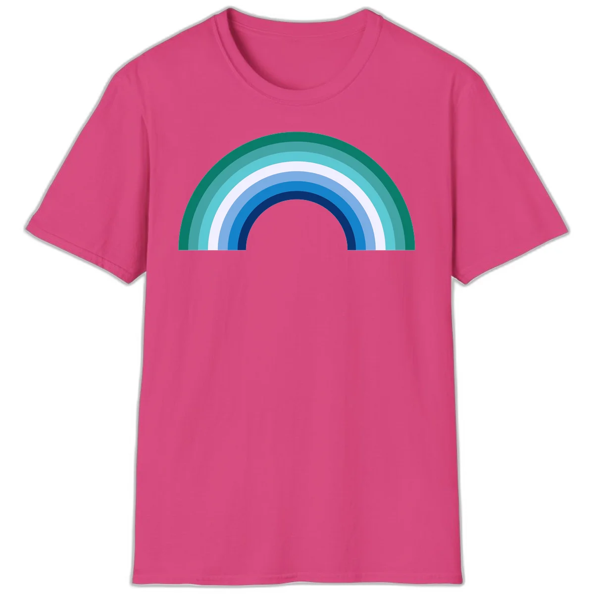 Concentric rainbow arcs design featuring nested semicircles in teal, cyan, white, and blue gradient layers in Heliconia